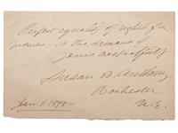 [WOMEN'S SUFFRAGE]. ANTHONY, Susan B. (1820-1906). Autographed note signed ("Susan B. Anthony"). Rochester, NY, 1 January 1898.