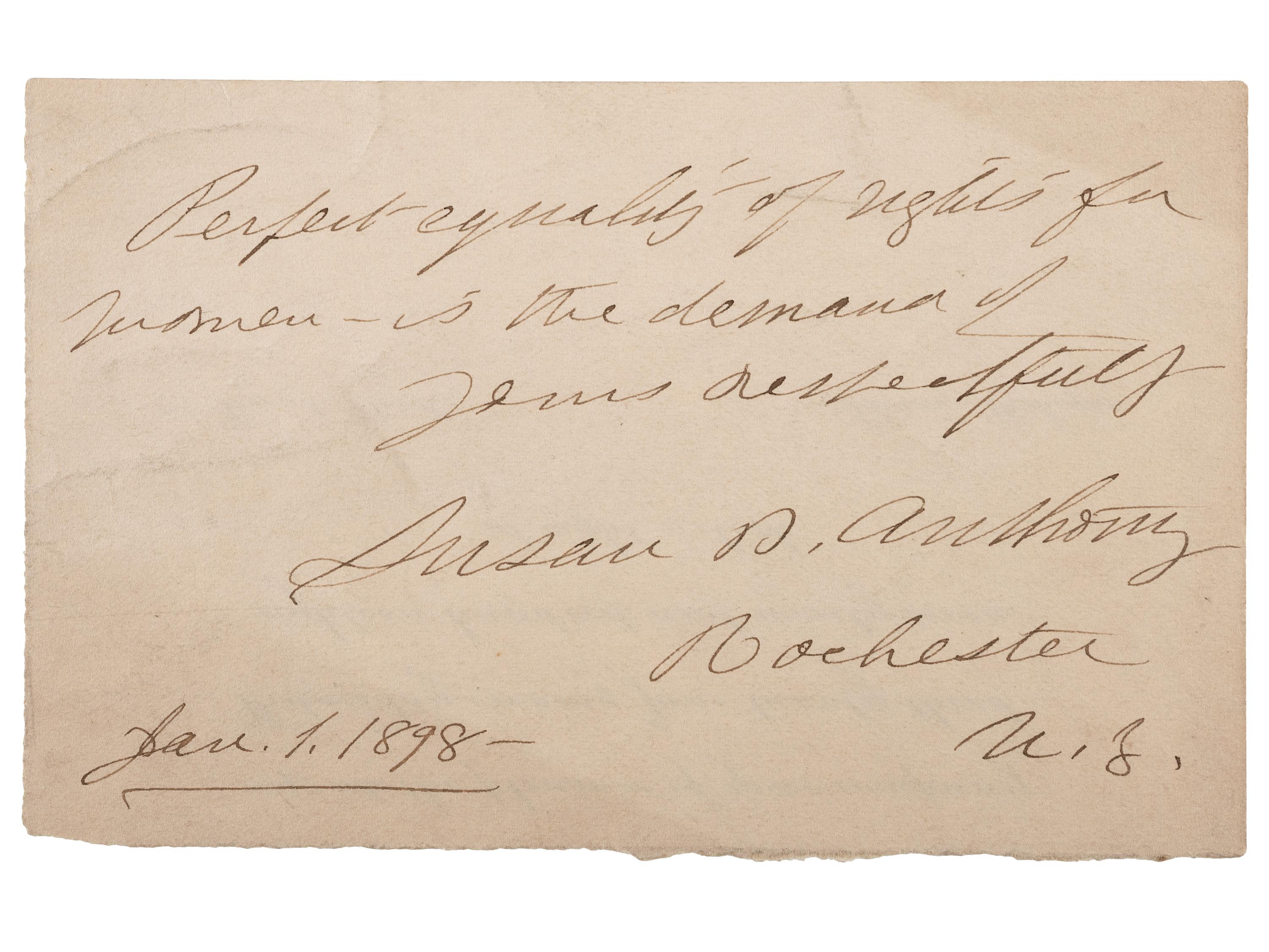 [WOMEN'S SUFFRAGE]. ANTHONY, Susan B. (1820-1906). Autographed note signed ("Susan B. Anthony"). Rochester, NY, 1 January 1898.