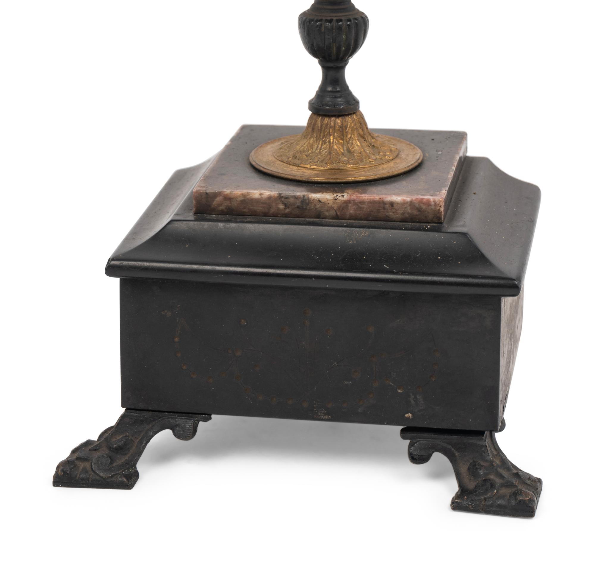 A Pair of French Cast Metal and Slate Five-Light Candelabra