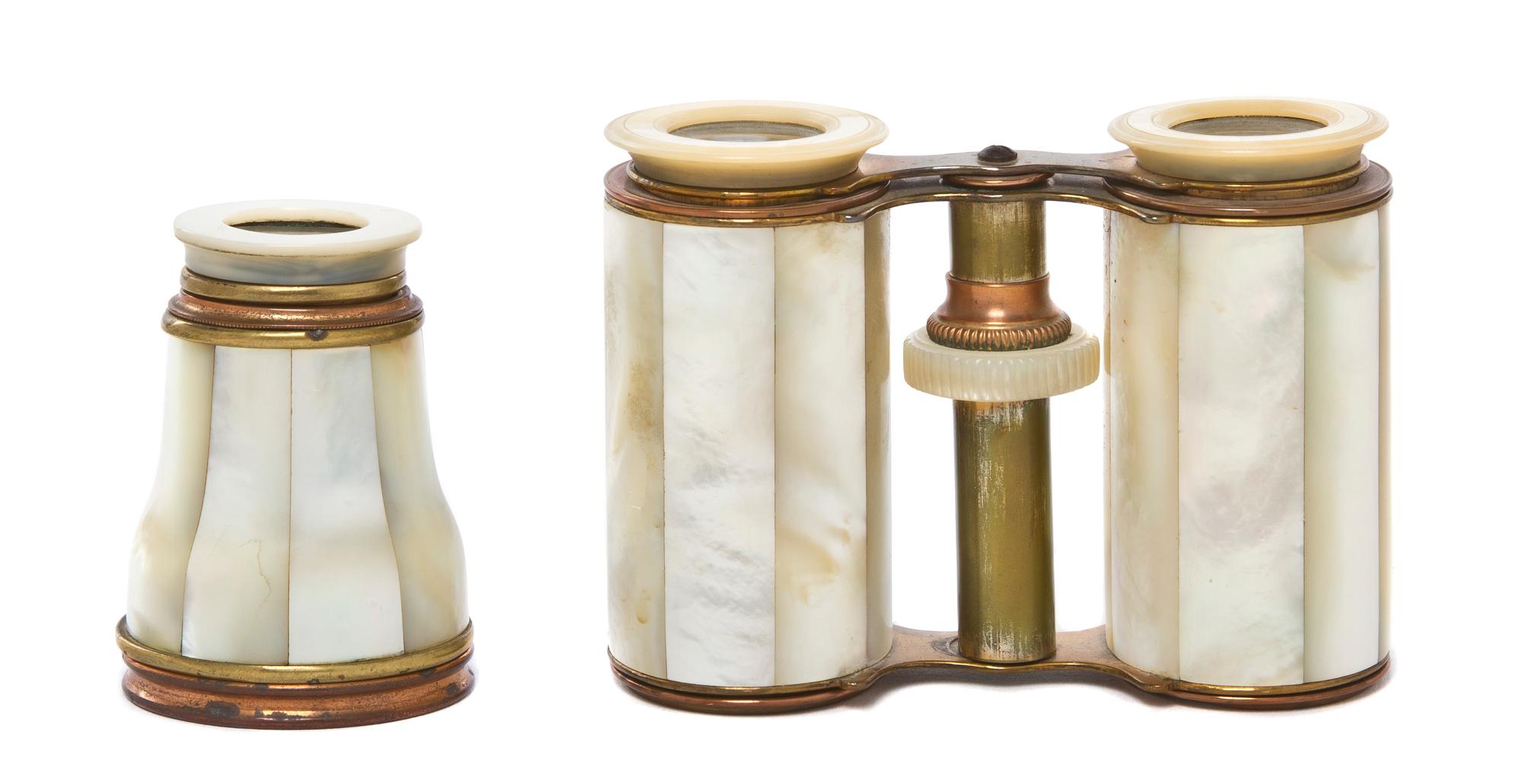 A Pair of Continental Mother-of-Pearl Veneered Opera Glasses, Width of first 4 inches.