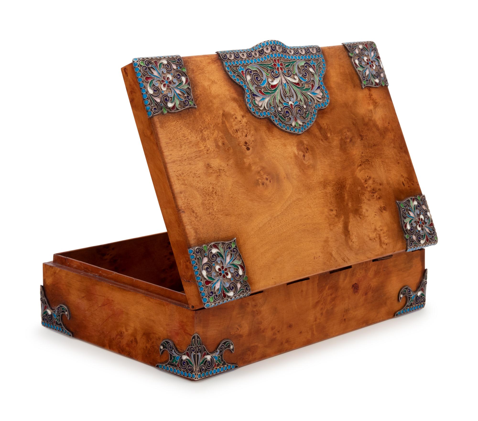 A Russian Silver and Enamel Mounted Birchwood Table-Top Cigar Box