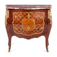 A Louis XV Style Gilt Bronze Mounted Parquetry Marble-Top Commode