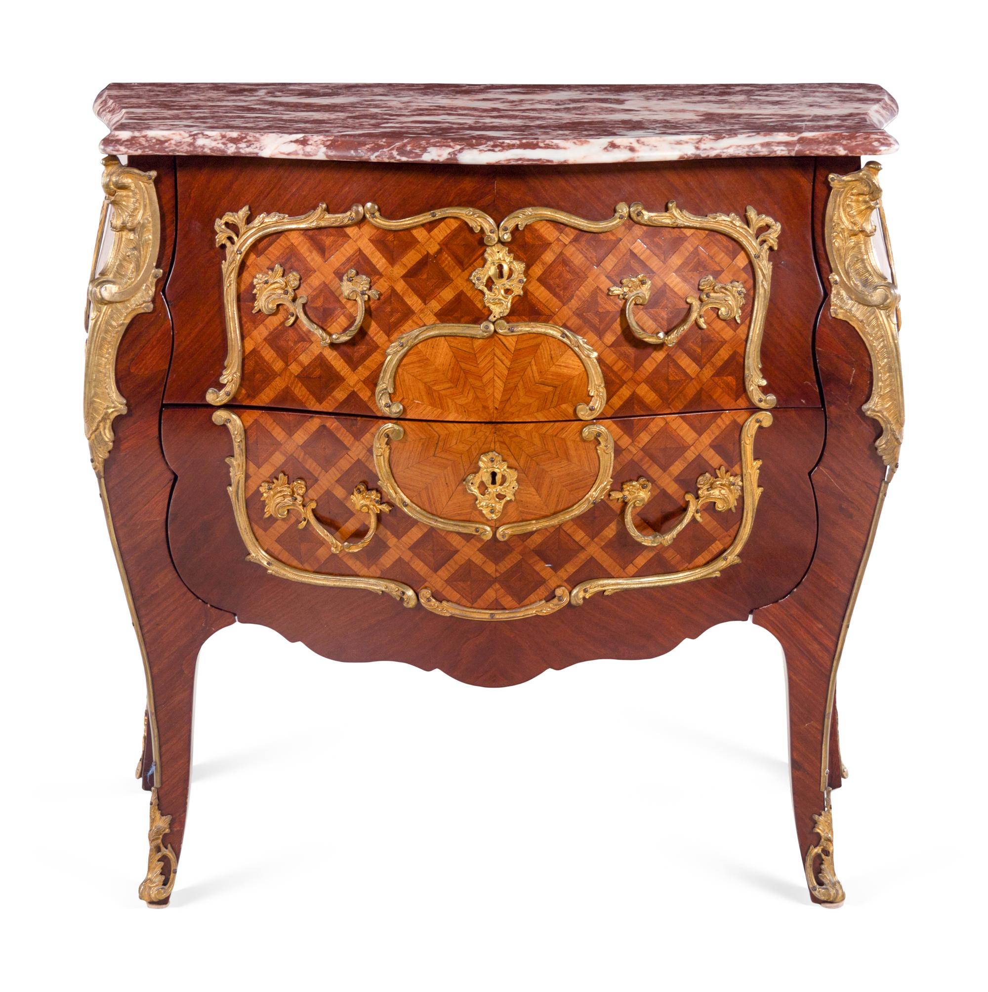 A Louis XV Style Gilt Bronze Mounted Parquetry Marble-Top Commode