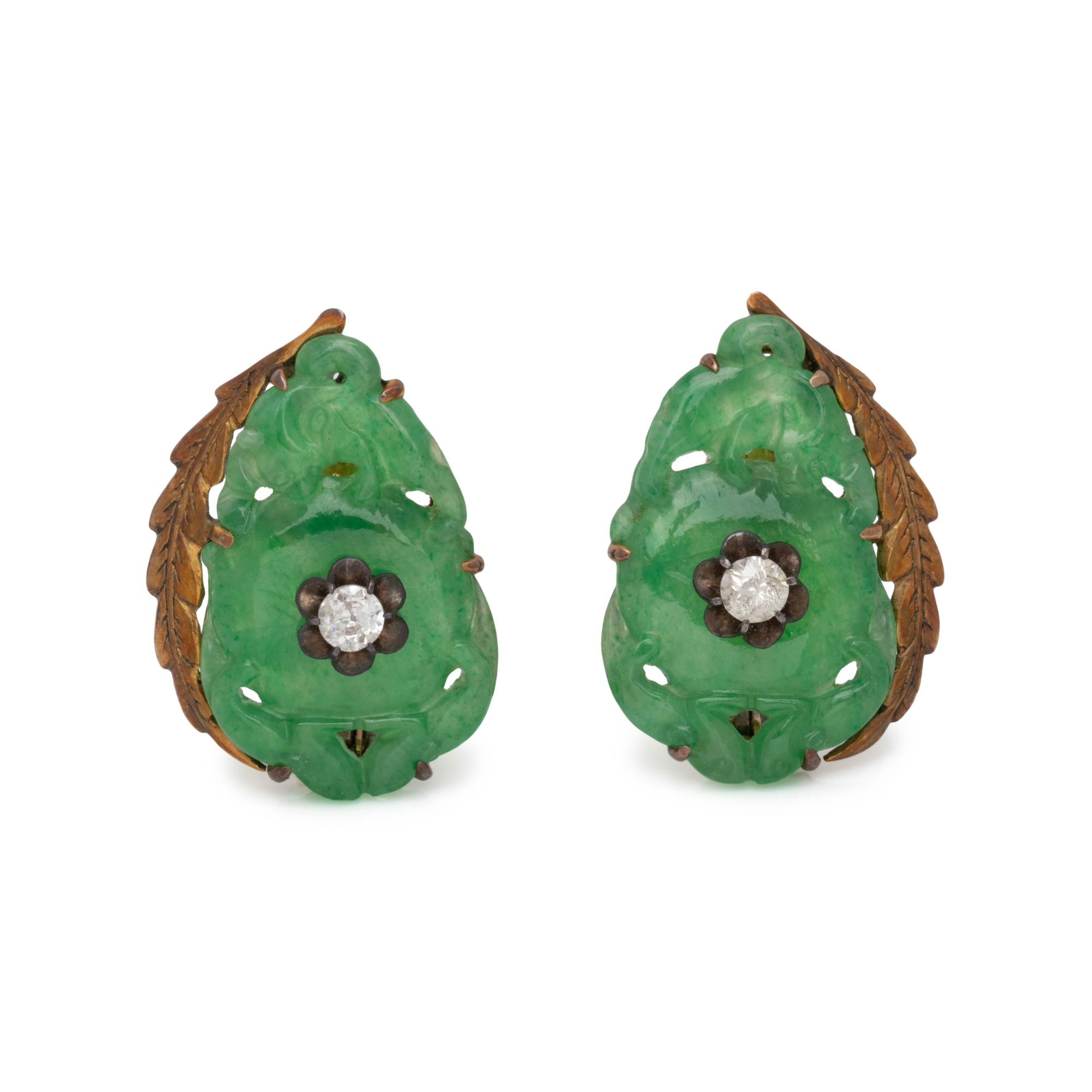 JADE AND DIAMOND EARCLIPS