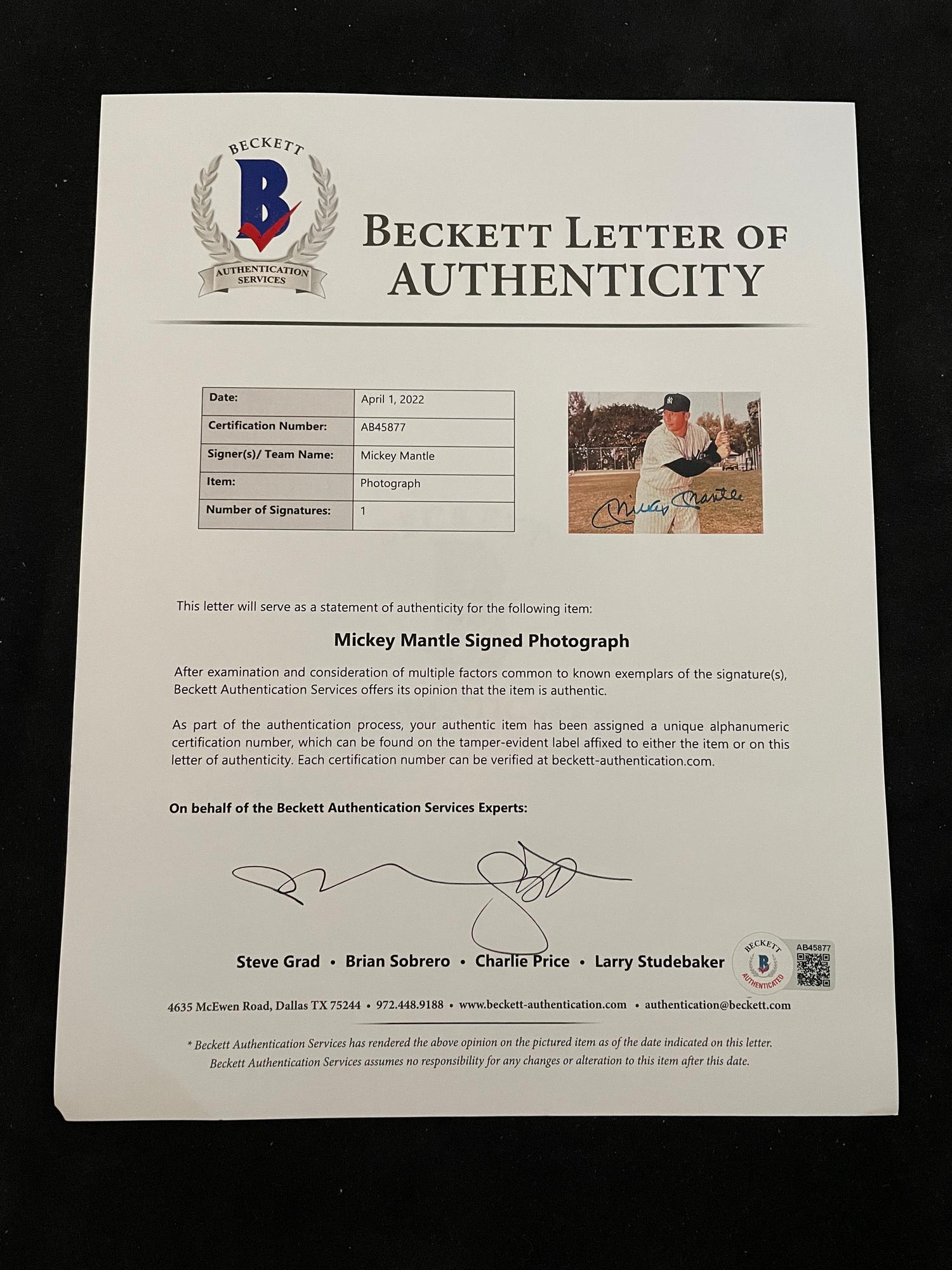 A Mickey Mantle Signed Autograph Photo (Beckett Authentication Services BAS Certified),