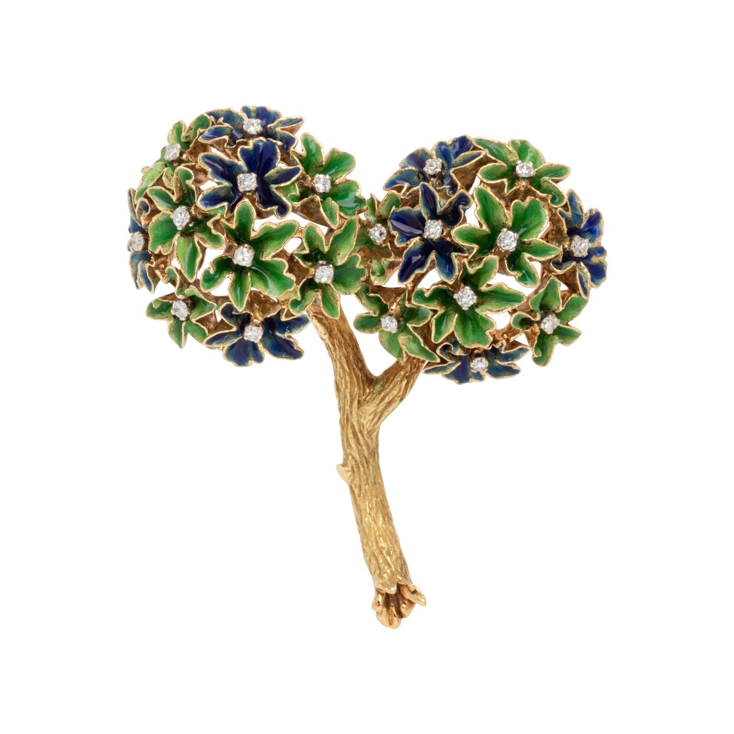 YELLOW GOLD, ENAMEL AND DIAMOND BROOCH