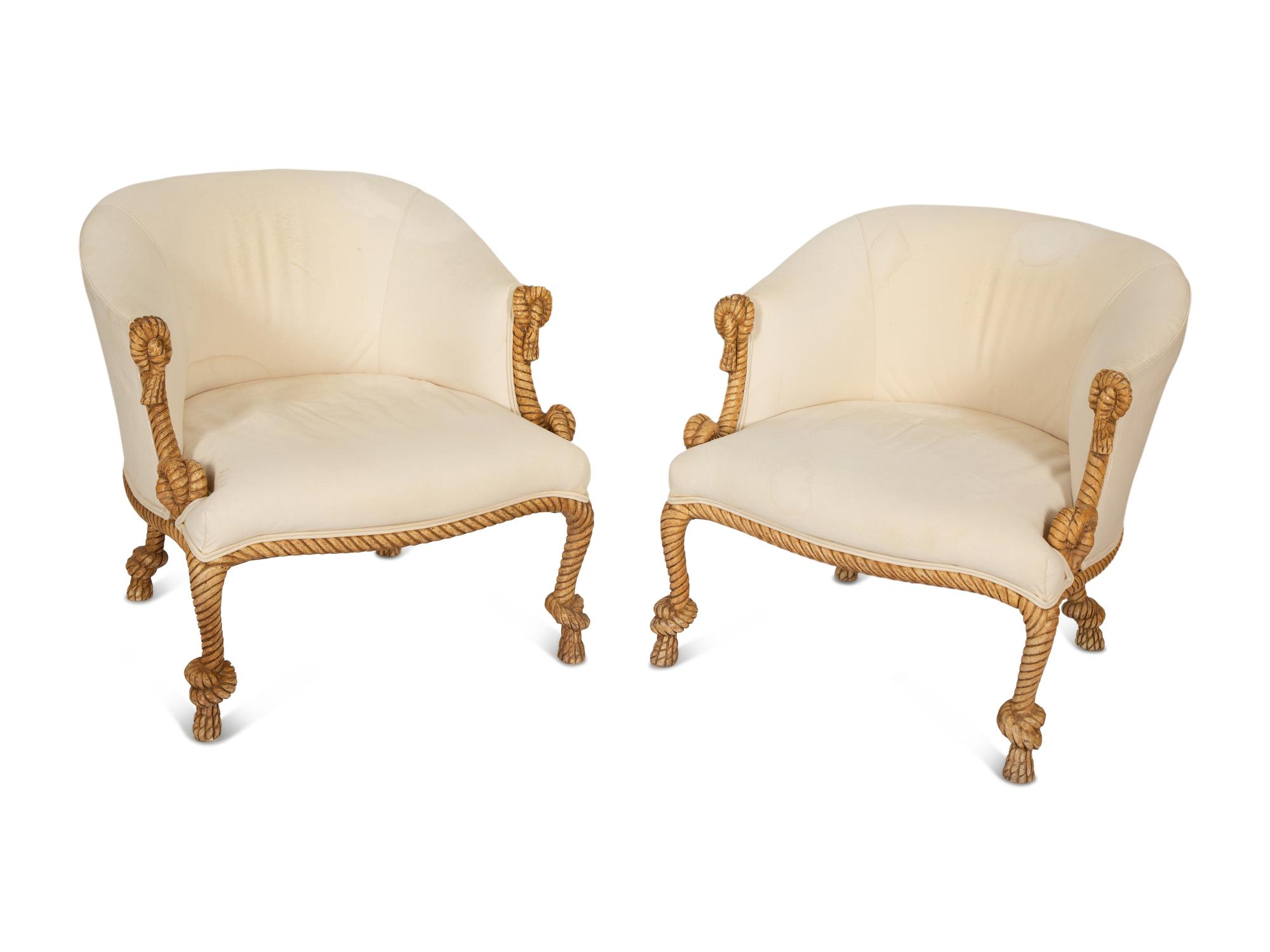 A Pair of Whimsical Rope Frame Low Armchairs