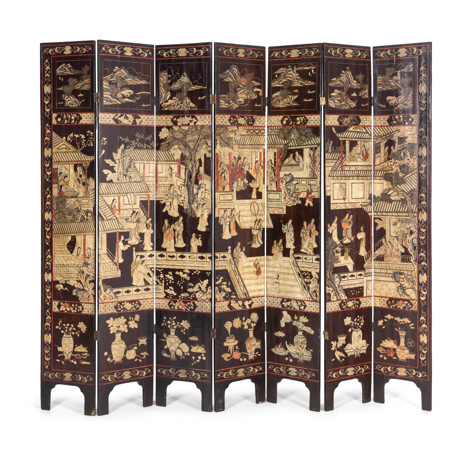 A Chinese Export "Coromandel" Lacquer Seven-Panel Screen