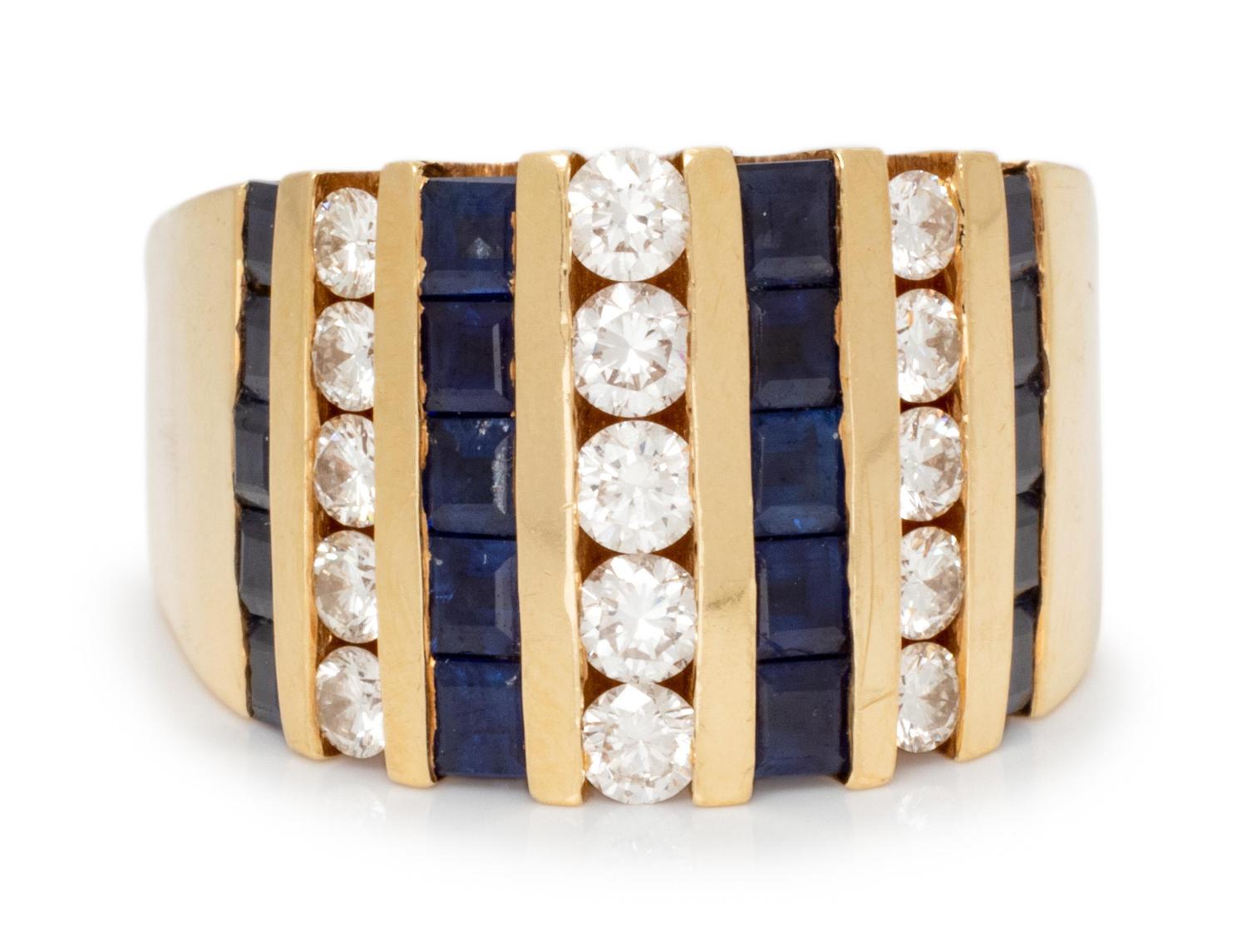 A 14 Karat Yellow Gold, Diamond and Sapphire Ring,