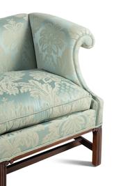 A Georgian Style Damask Upholstered Camelback Sofa