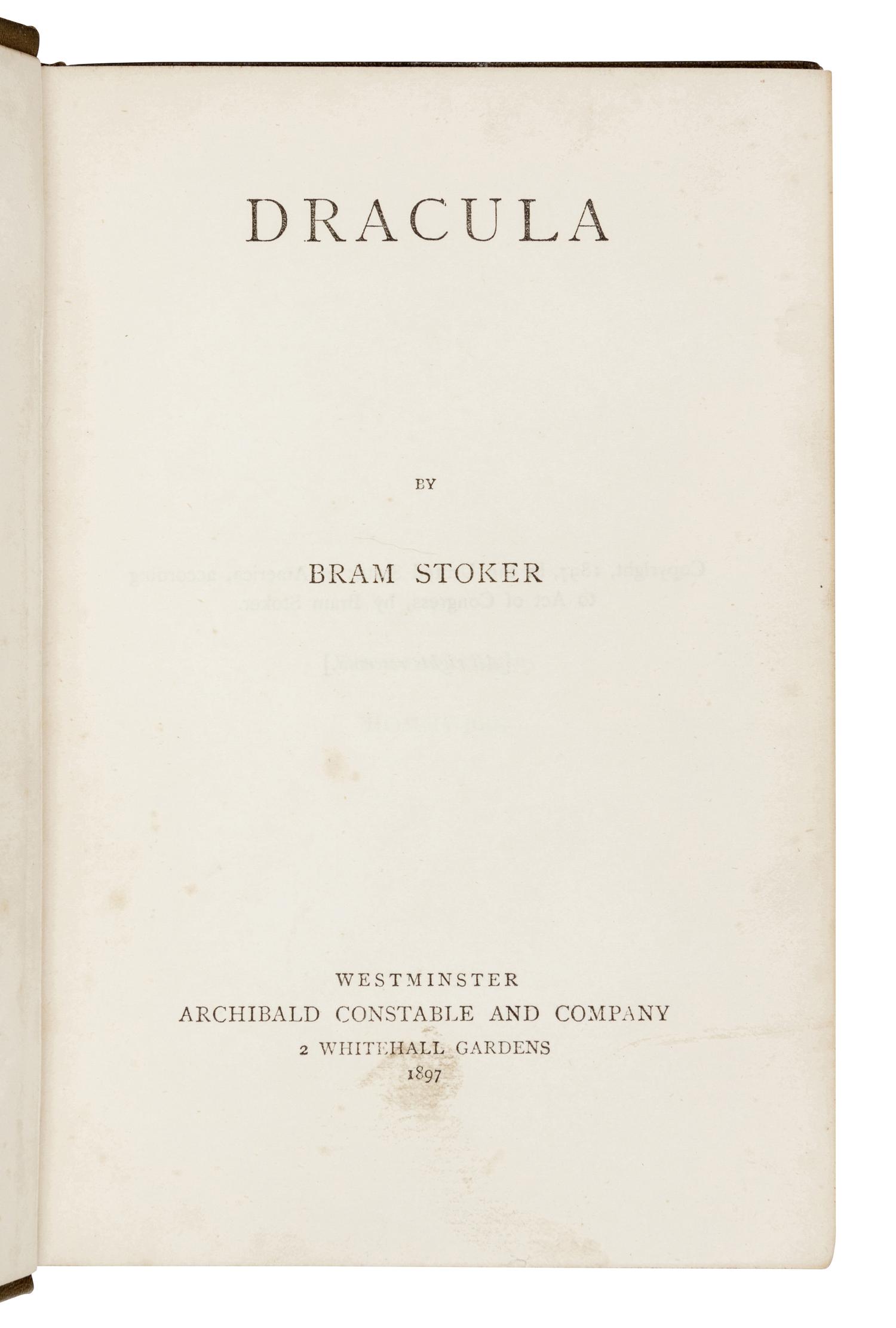 STOKER, Bram (1847-1912). Dracula . Westminster: Archibald Constable and Company, 1897.