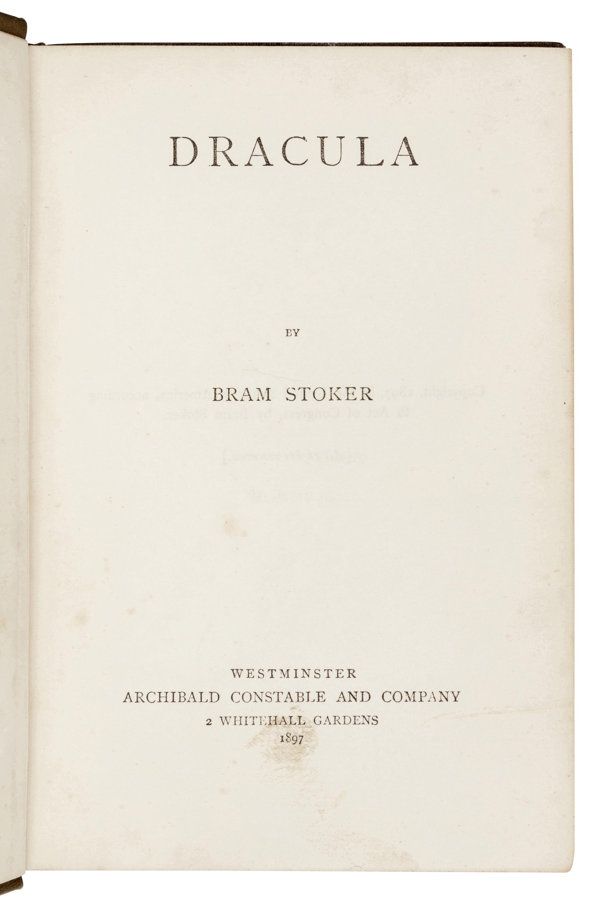 STOKER, Bram (1847-1912). Dracula . Westminster: Archibald Constable and Company, 1897.