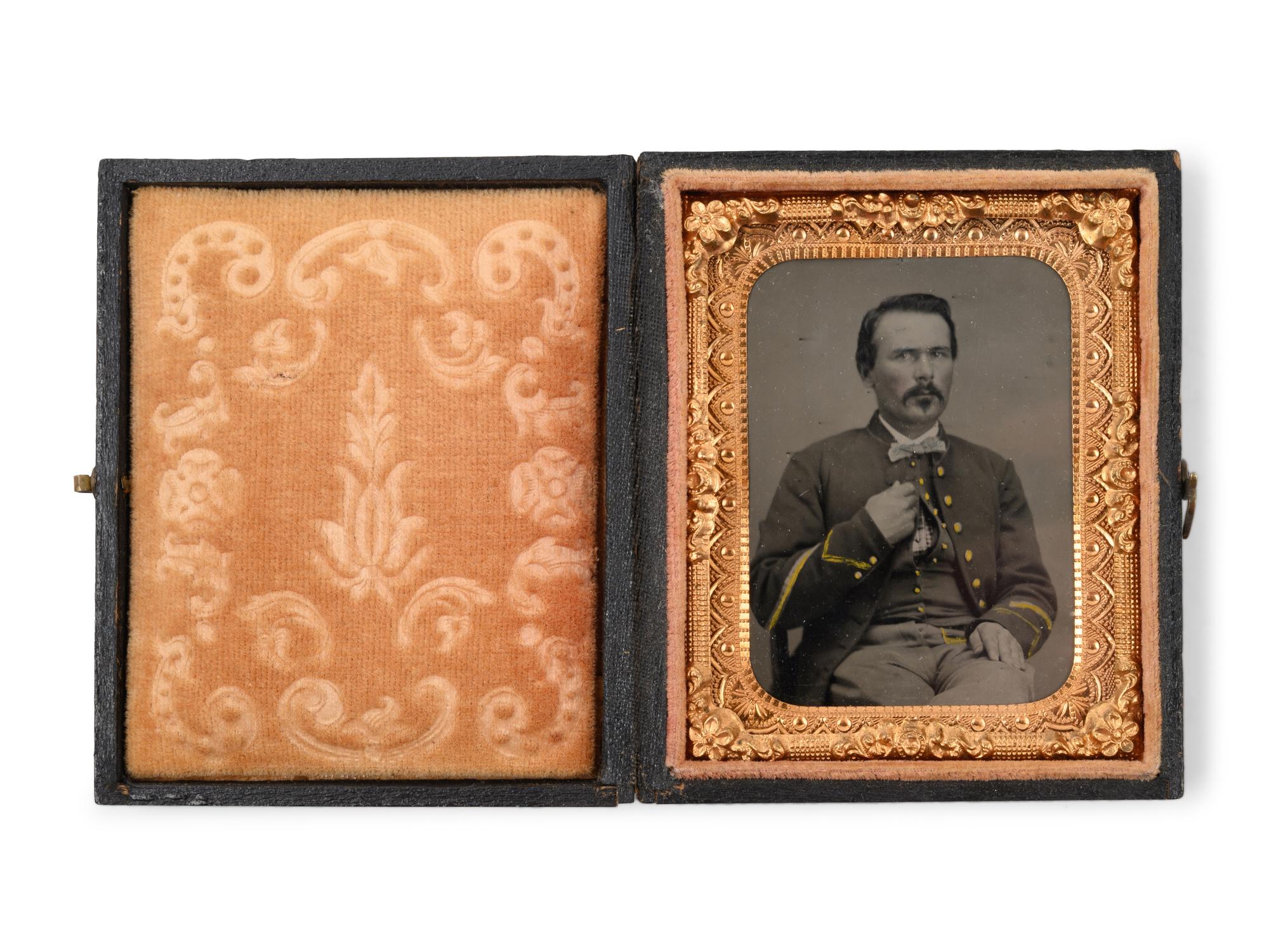 Two Seated Soldier Cased Tintypes with Gilt Embellishment