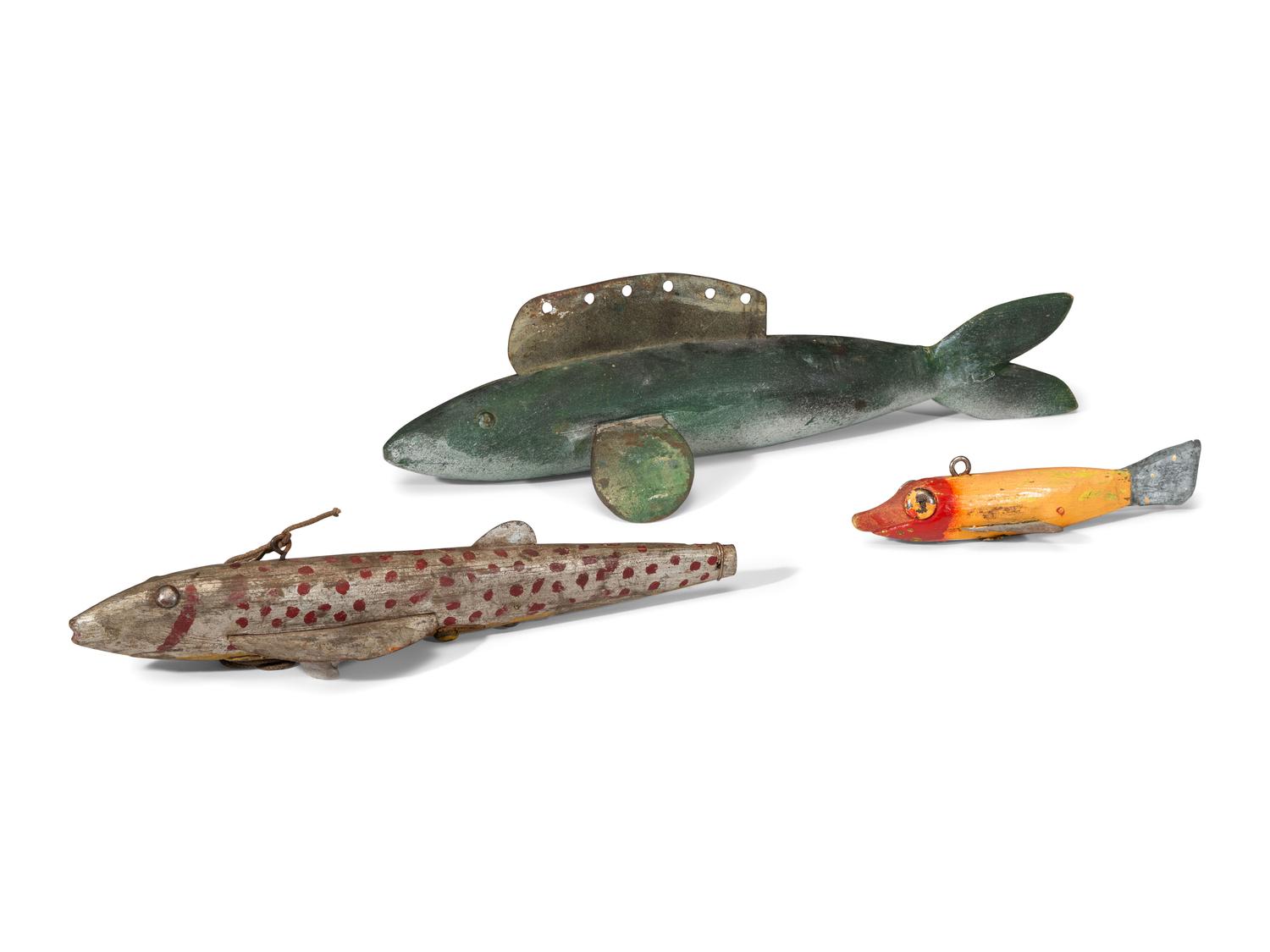 Three Carved and Painted Wood and Sheet Metal Inset Fishing Lures