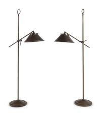 A Pair of Contemporary Patinated Brass Adjustable Floor Lamps