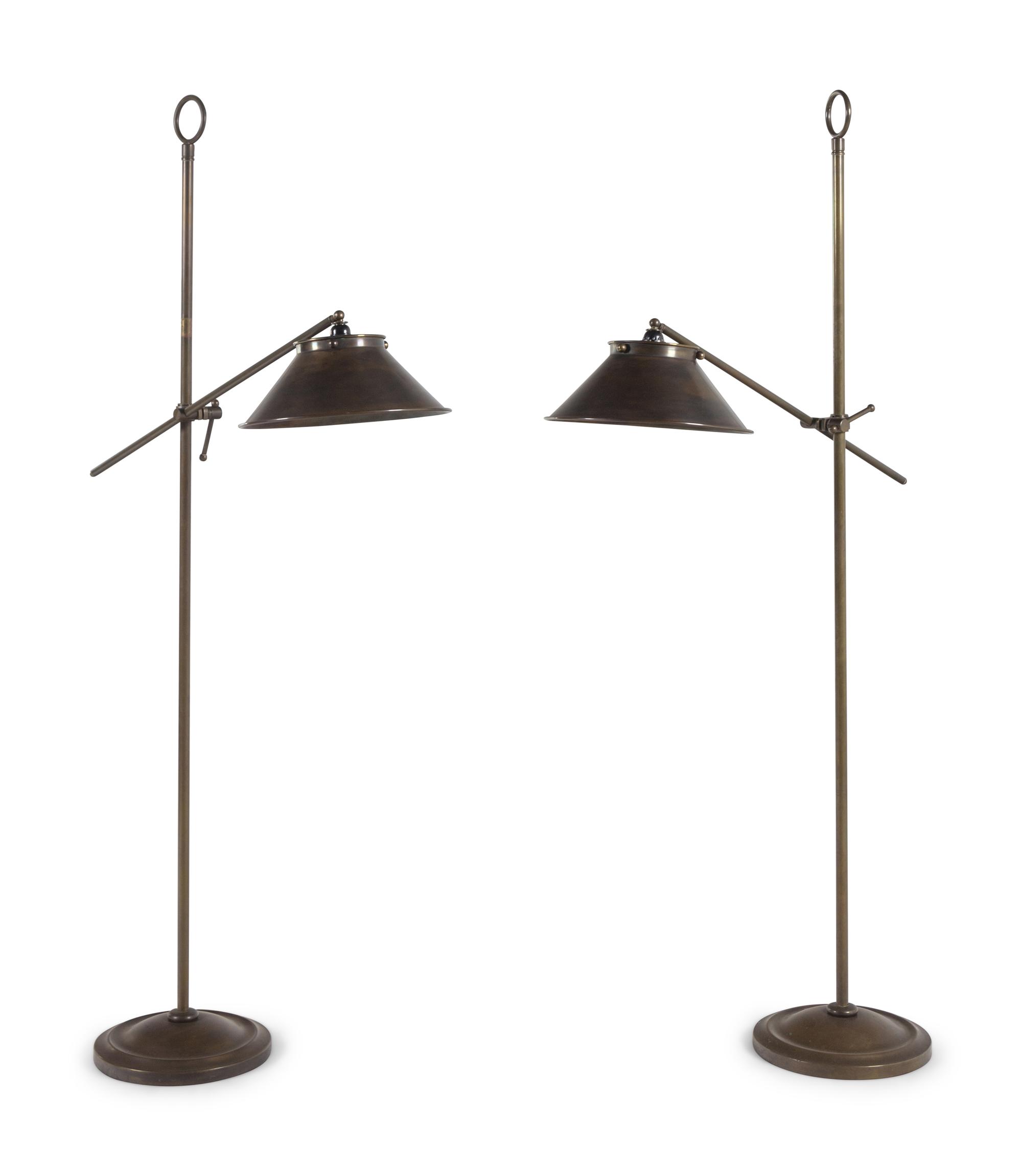 A Pair of Contemporary Patinated Brass Adjustable Floor Lamps