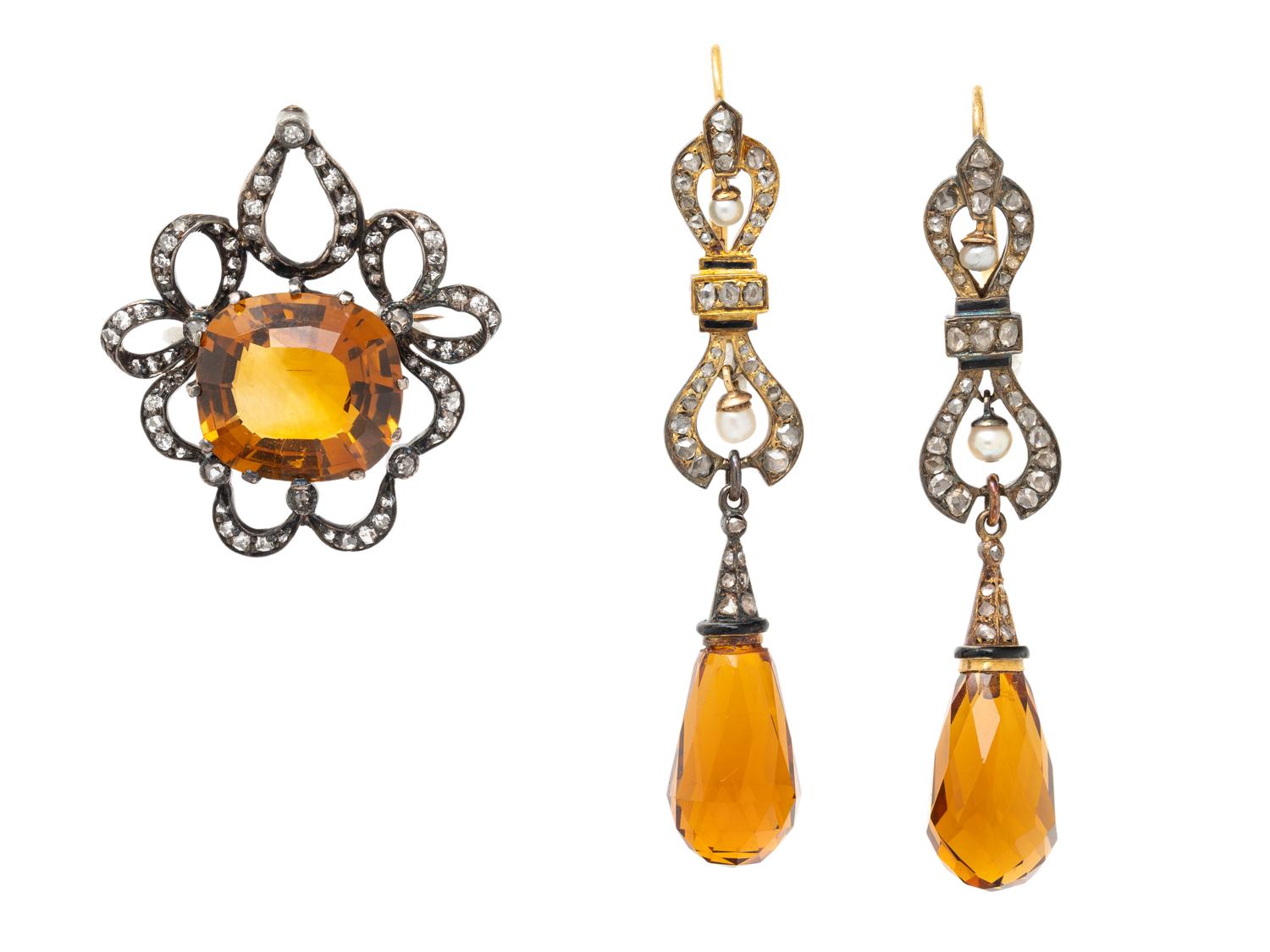 ANTIQUE, CITRINE AND DIAMOND BROOCH AND EARRINGS