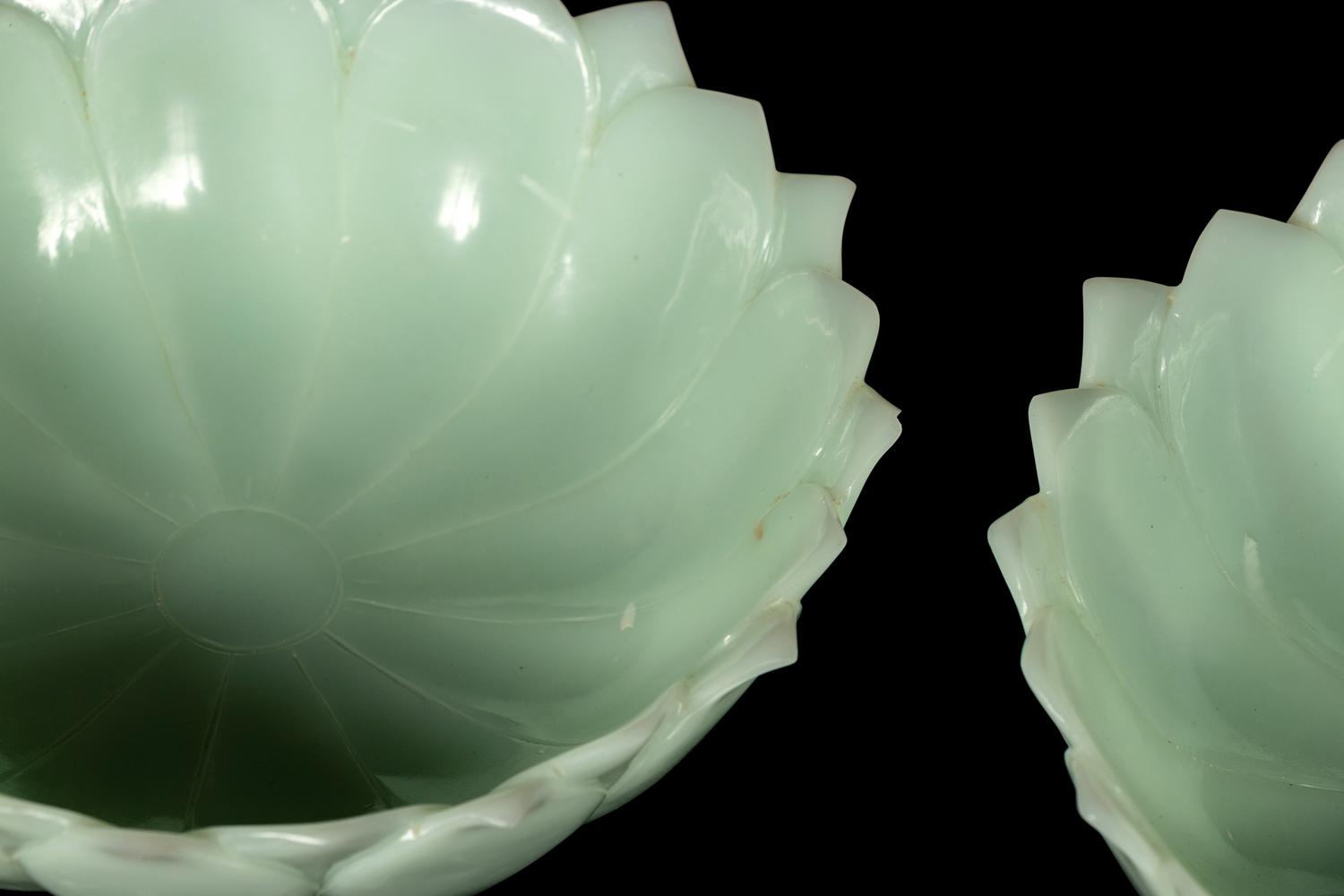 A Pair of Chinese Celadon Glass 'Lotus' Bowls