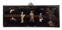 A Pair of Chinese Black Lacquer Panels with Inset Hardstone Figures Height 10 x width 25 1/2 inches.