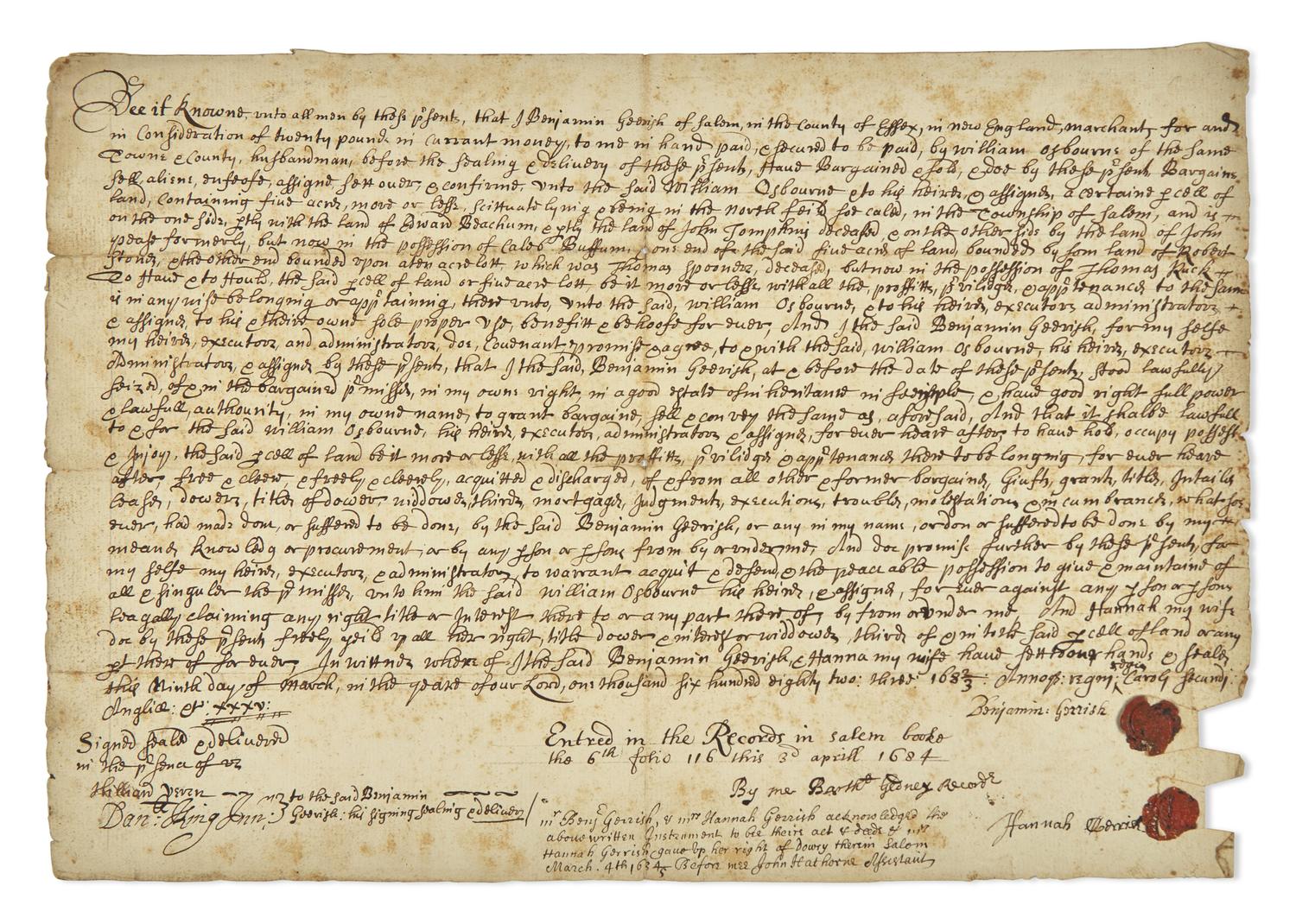 [Americana] [Salem Witch Trials] Hathorne, John, and Bartholomew Gedney. Manuscript Document, signed