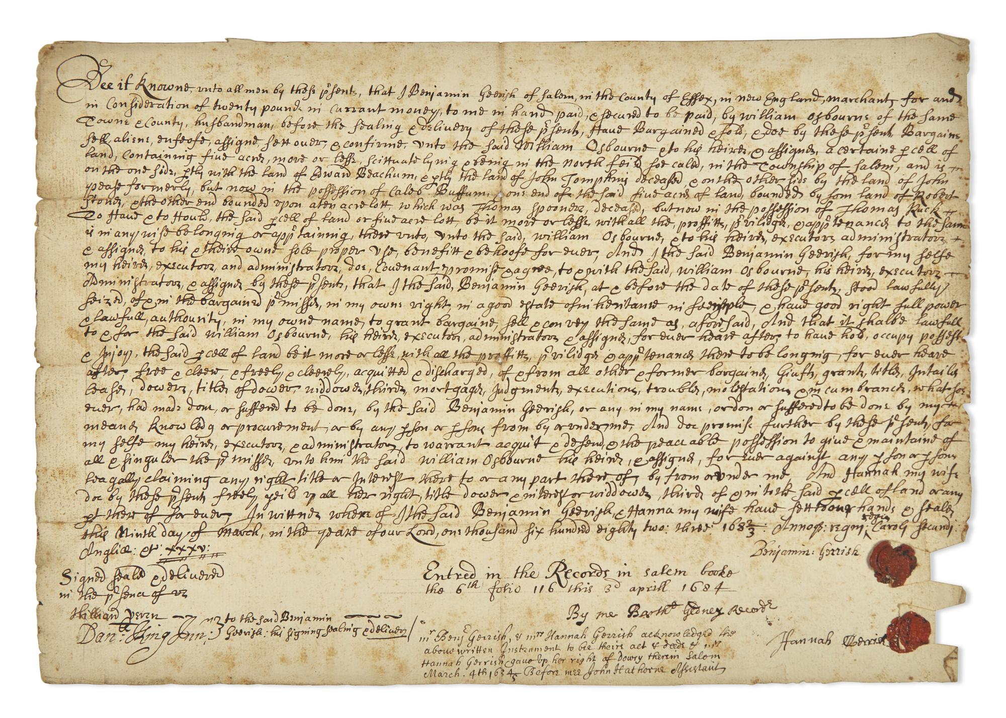 [Americana] [Salem Witch Trials] Hathorne, John, and Bartholomew Gedney. Manuscript Document, signed