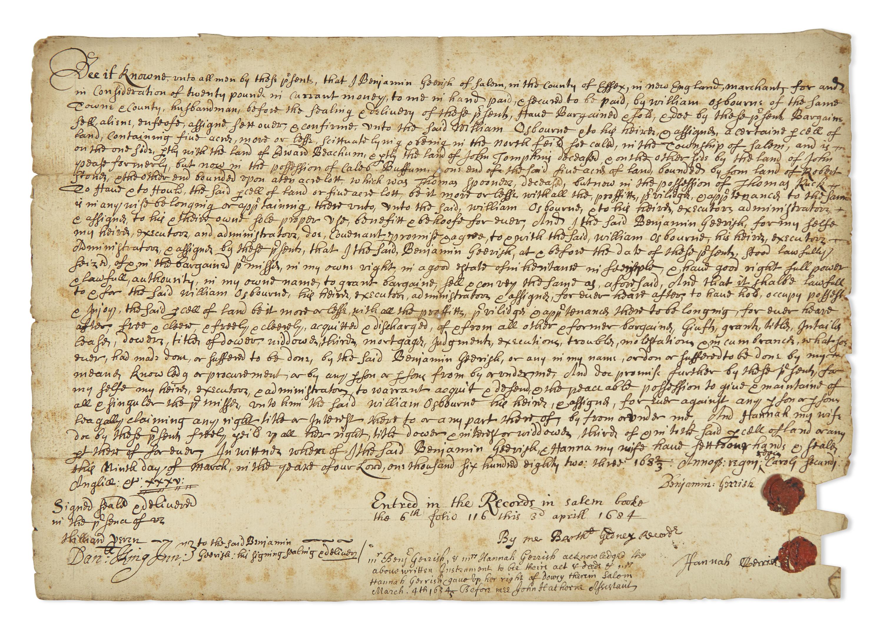 [Americana] [Salem Witch Trials] Hathorne, John, and Bartholomew Gedney. Manuscript Document, signed