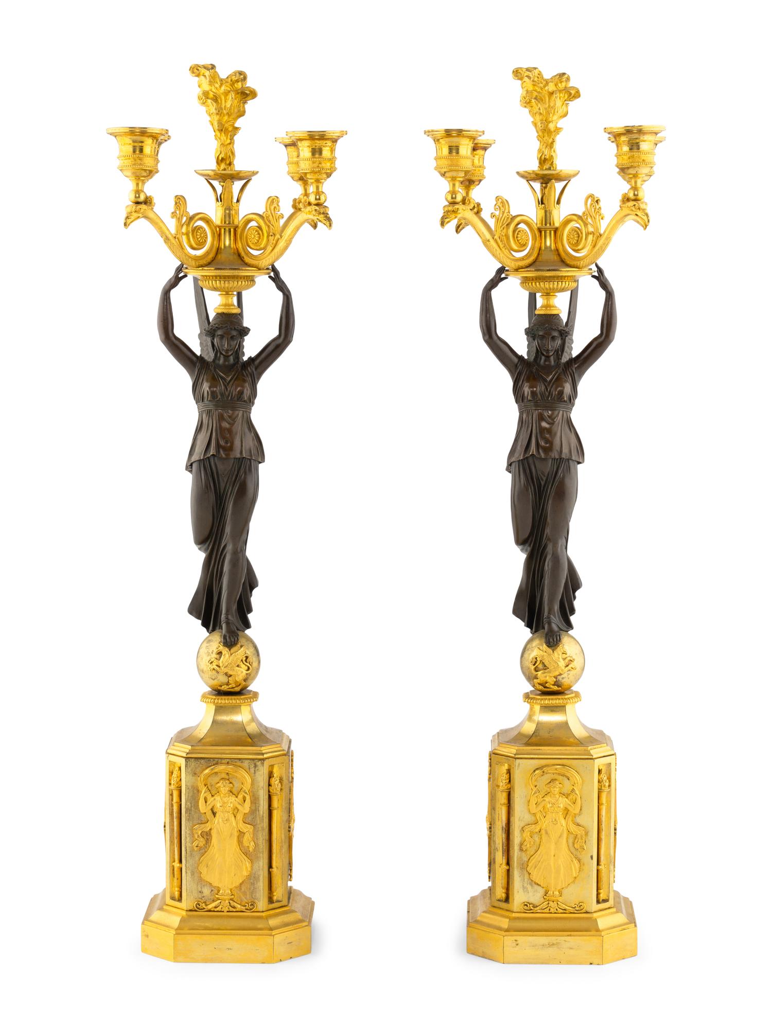 A Pair of Empire Gilt and Patinated Bronze Four-Light Candelabra