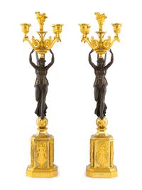 A Pair of Empire Gilt and Patinated Bronze Four-Light Candelabra