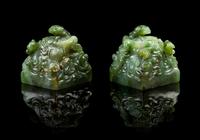 A Rare Pair of Chinese Imperial Spinach Jade Seals 18TH CENTURY, LIKELY QIANLONG PERIOD — 18TH CENTURY, LIKELY QIANLONG PERIOD