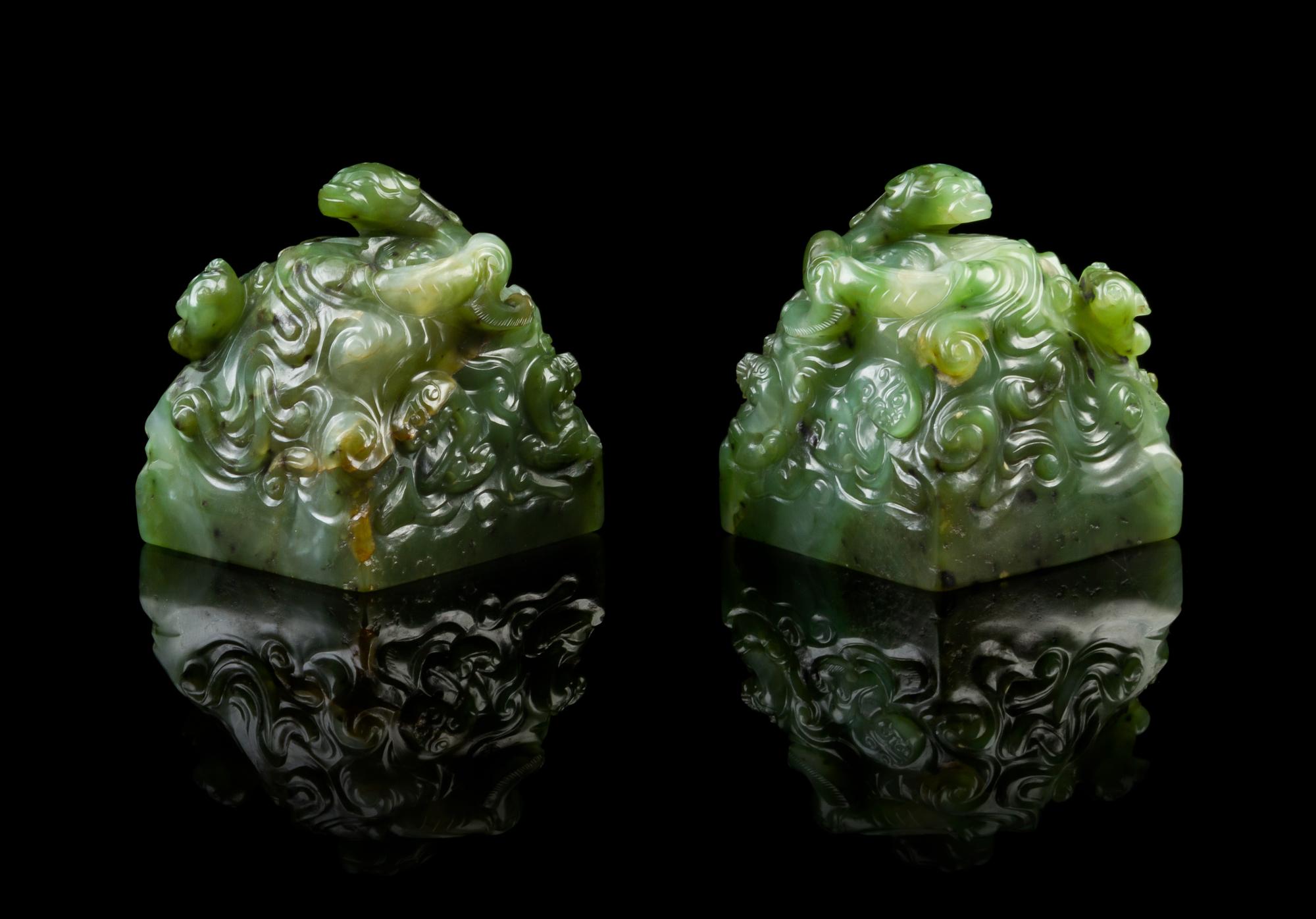 A Rare Pair of Chinese Imperial Spinach Jade Seals 18TH CENTURY, LIKELY QIANLONG PERIOD — 18TH CENTURY, LIKELY QIANLONG PERIOD