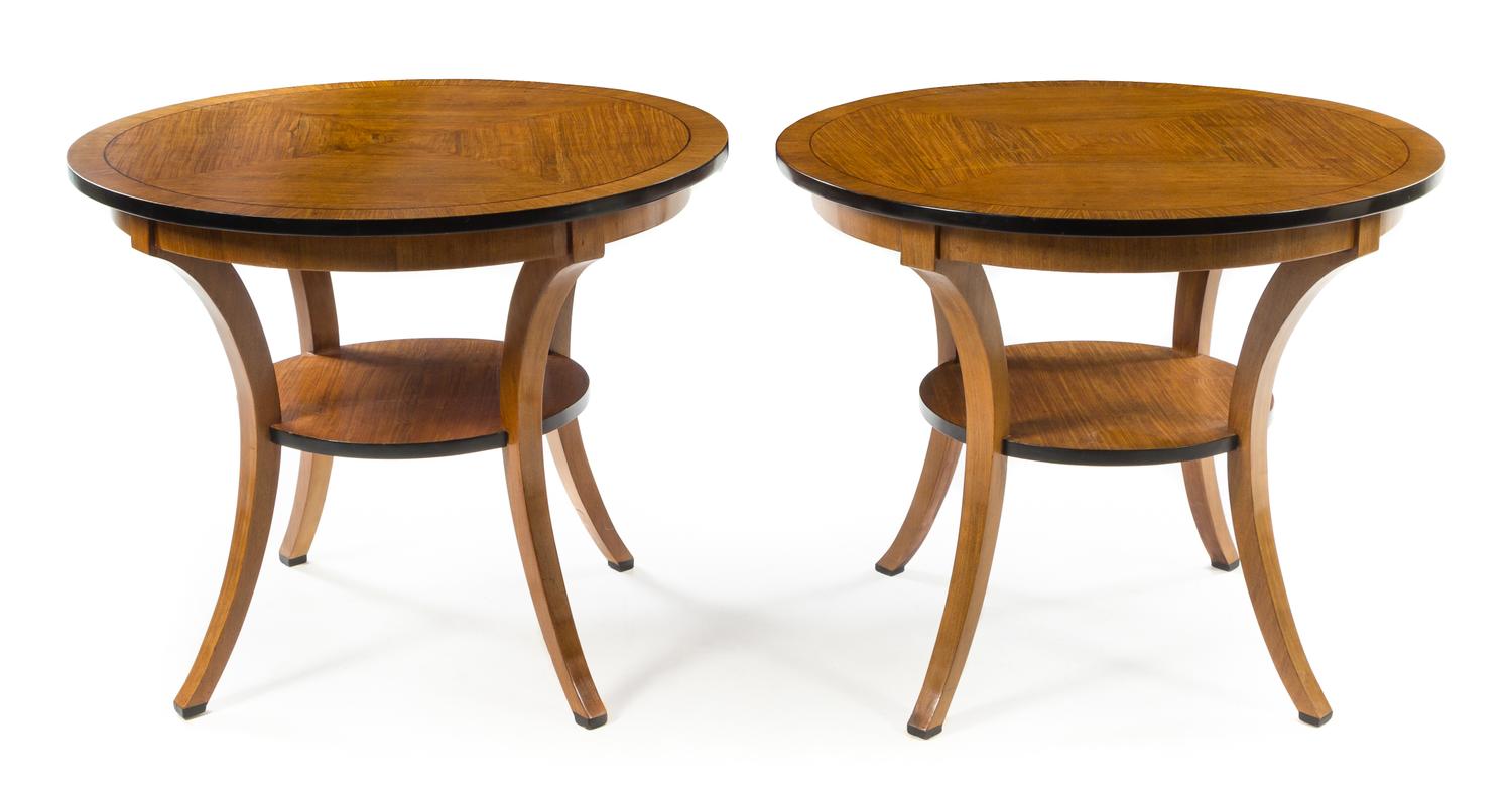A Pair of Biedermeier Style Parcel Ebonized Center Tables Height 30 x diameter of top 36 inches. — FIRST HALF 20TH CENTURY