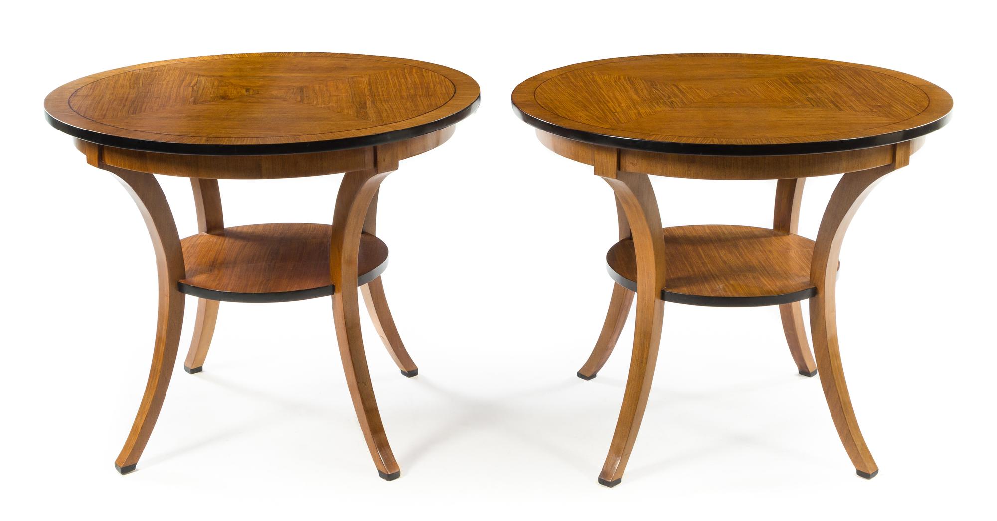 A Pair of Biedermeier Style Parcel Ebonized Center Tables Height 30 x diameter of top 36 inches. — FIRST HALF 20TH CENTURY