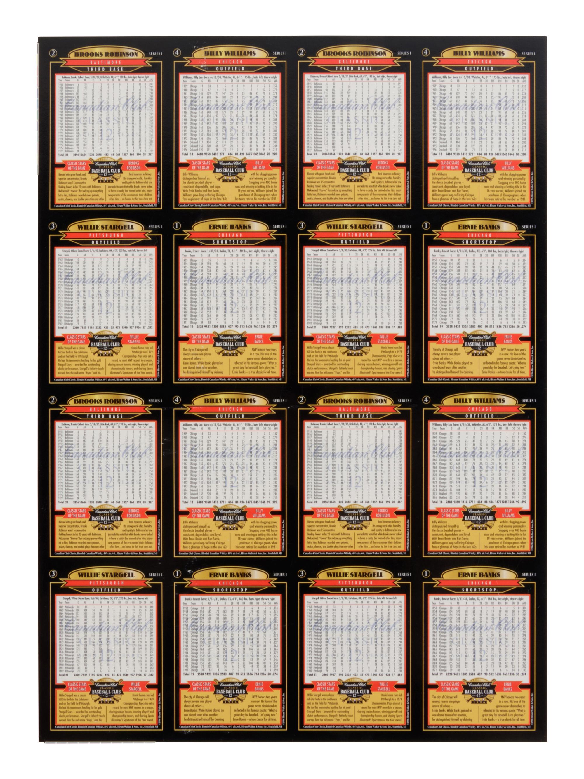 A Group of 29 Uncut Sheets of Signed Classic Baseball Club Cards (Williams, Robinson, Banks, Stargell),