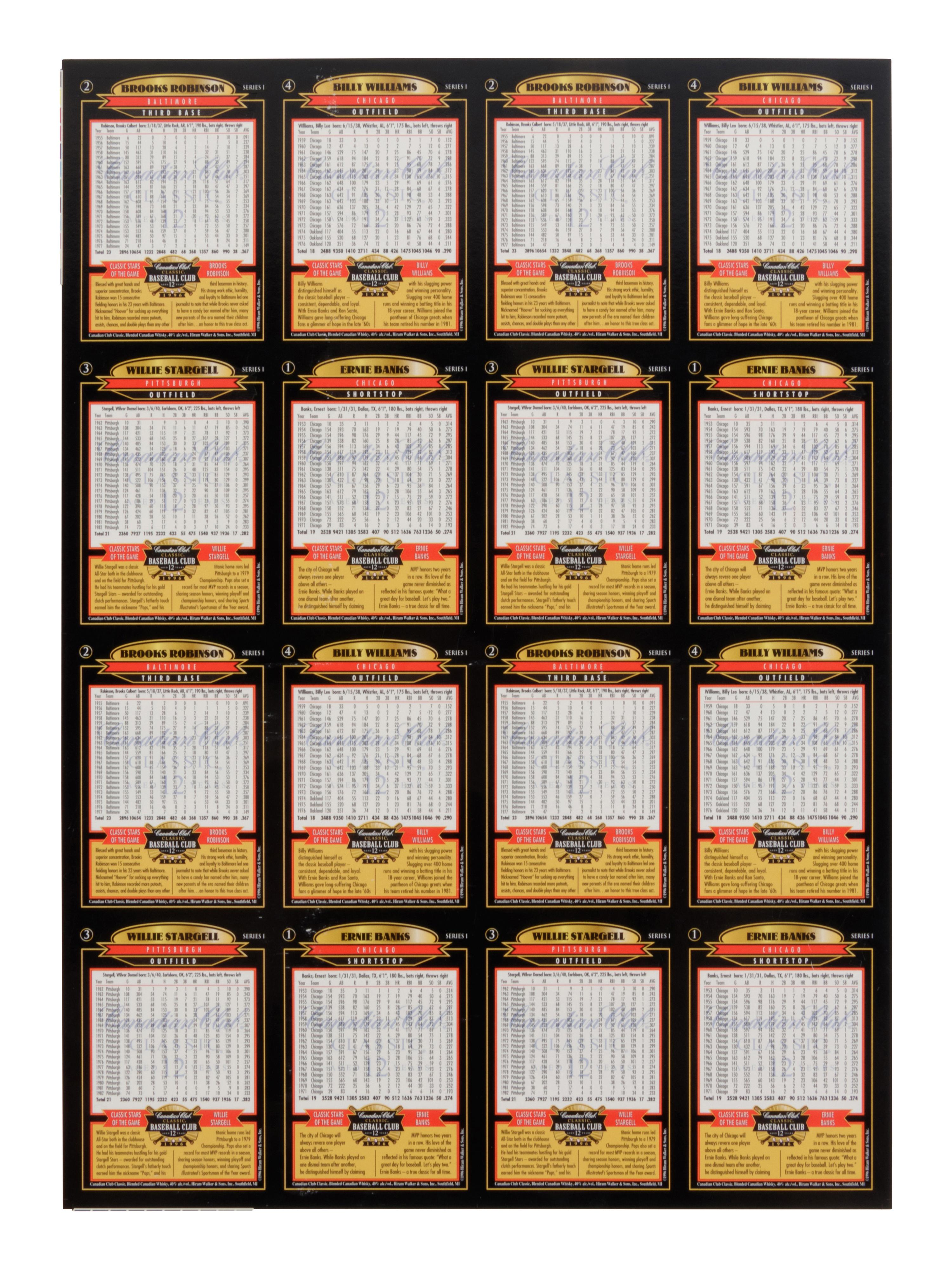 A Group of 29 Uncut Sheets of Signed Classic Baseball Club Cards (Williams, Robinson, Banks, Stargell),