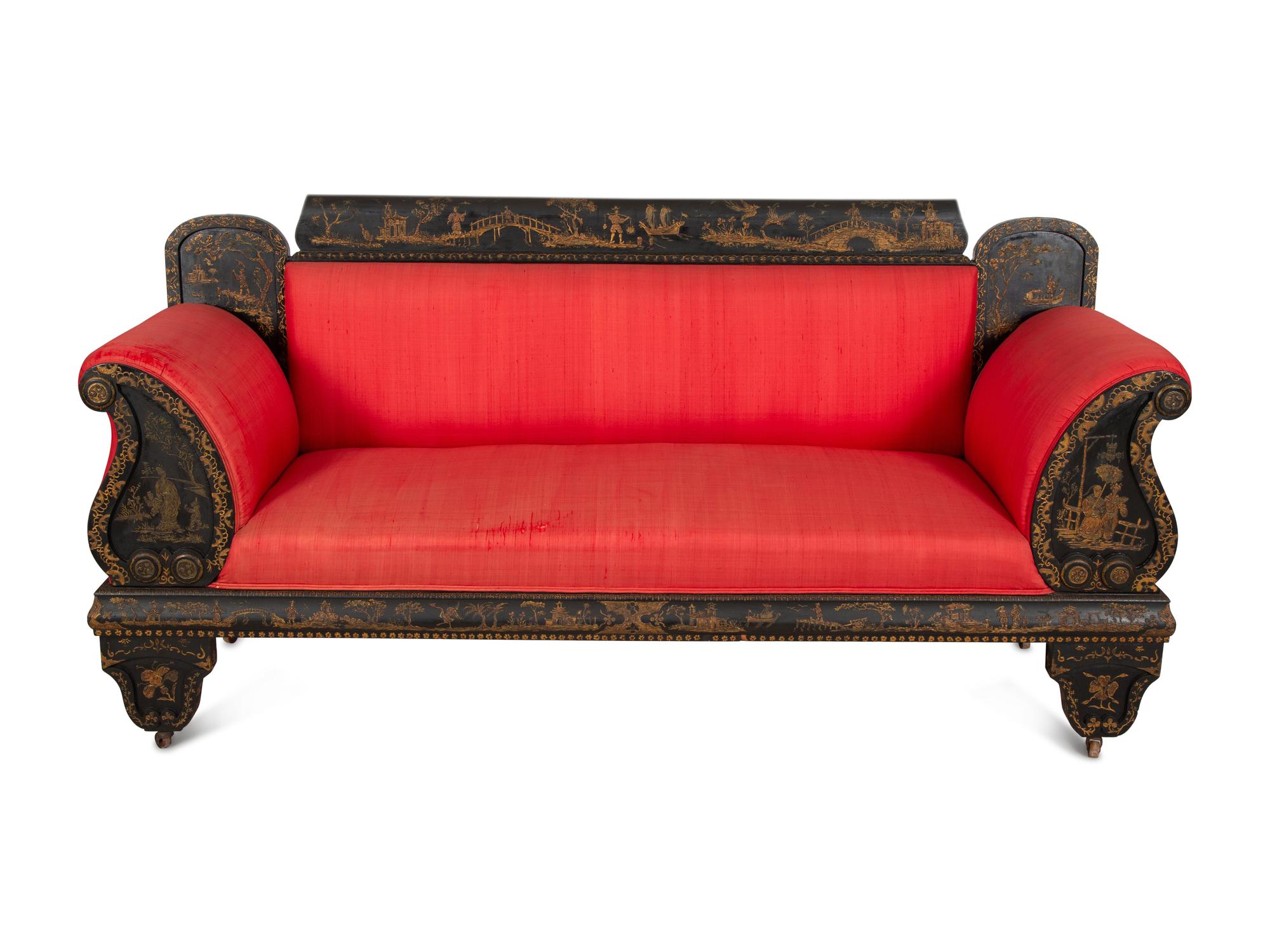 An American Victorian Black and Gilt Chinoiserie Settee