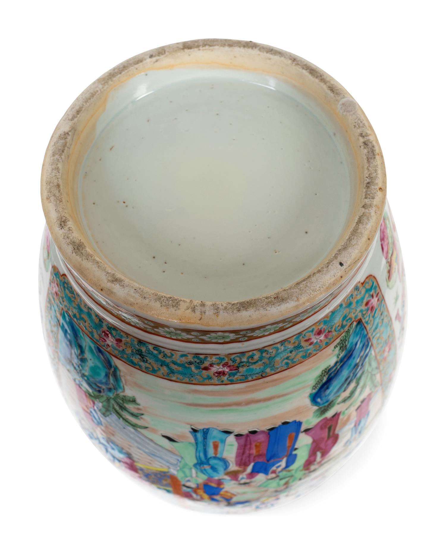 A Large Rose Medallion Porcelain Vase with Gilt Handles