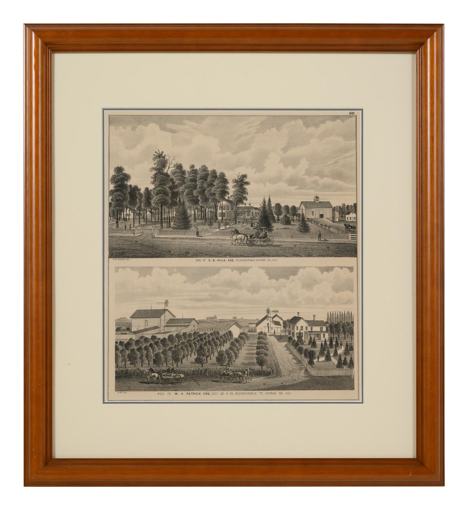 Printed City Views and Farm Scenes of Bloomingdale and Dupage County, Ill. N.p.: N.d. 23 x 21 In. Matted and framed.