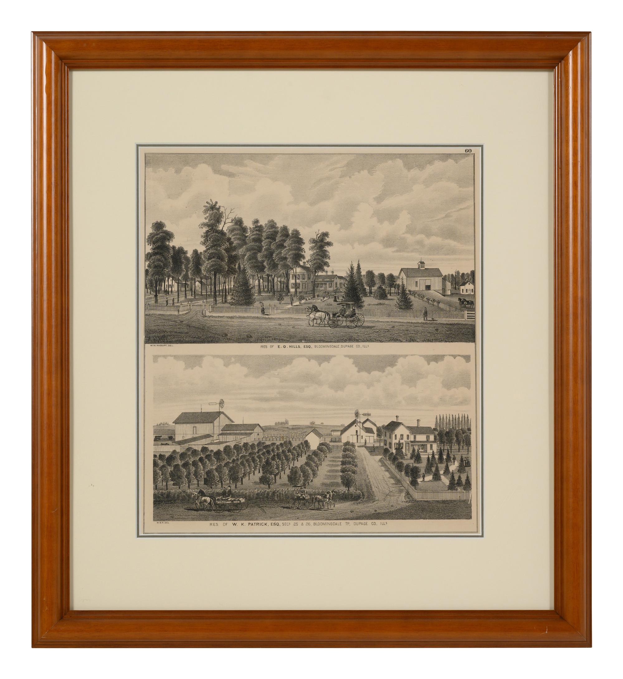 Printed City Views and Farm Scenes of Bloomingdale and Dupage County, Ill. N.p.: N.d. 23 x 21 In. Matted and framed.