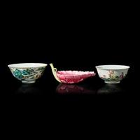 Two Chinese Enameled Porcelain Bowls and a "Lotus" Water Dropper 粉彩仙人圖盌及秋操杯各一