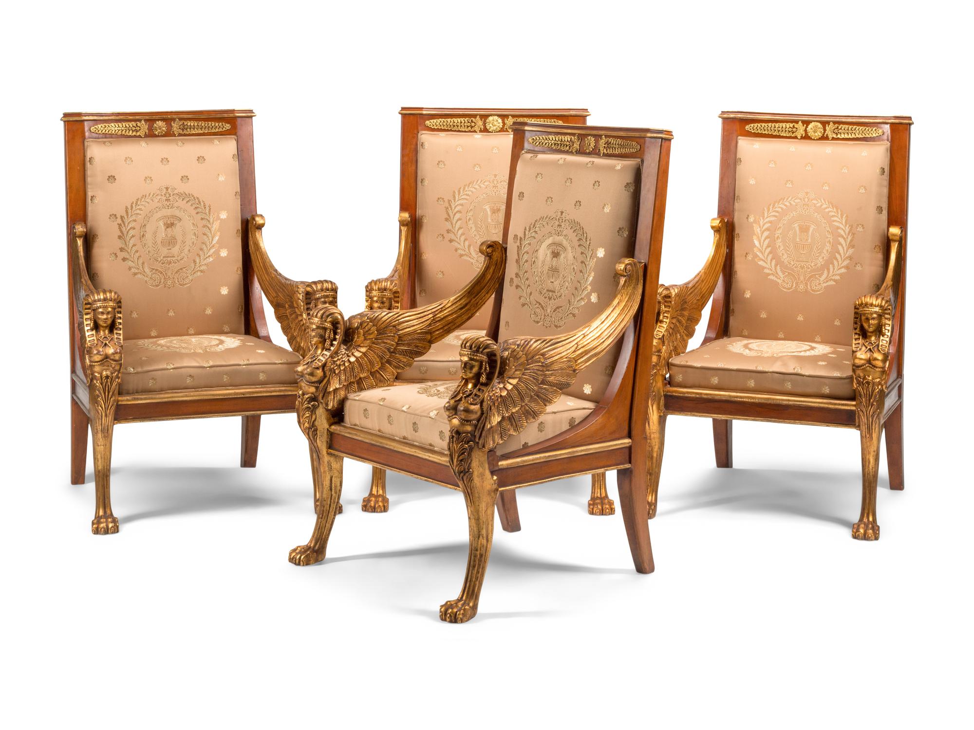 A Set of Four Italian Neoclassical Style Parcel Gilt Armchairs