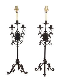 A Pair of Continental Iron Three-Light Candelabra Mounted as Lamps