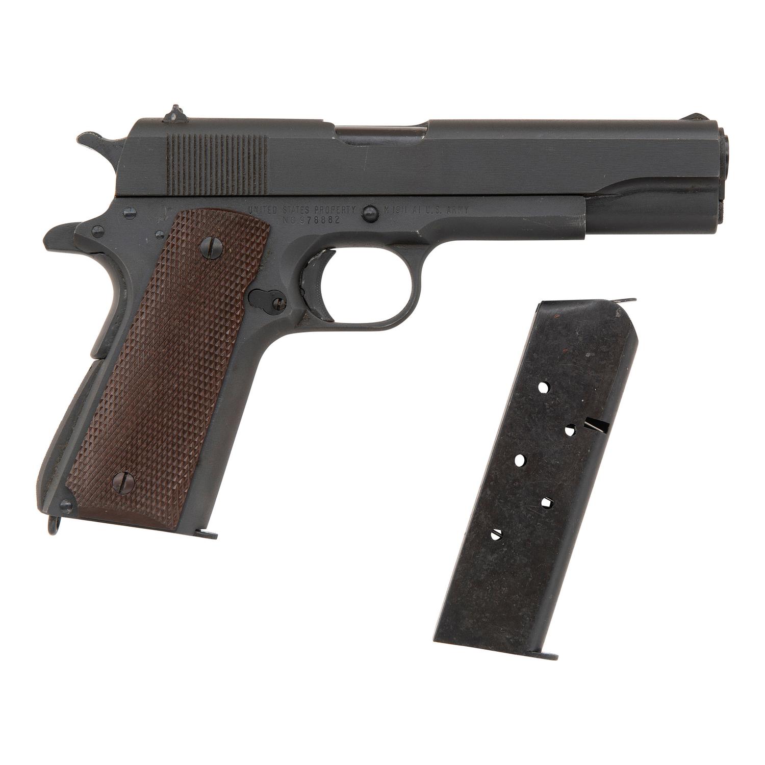**Mid-1943 Production Remington Rand Model 1911A1 Pistol in Pasteboard Shipping Box with Two Magazines