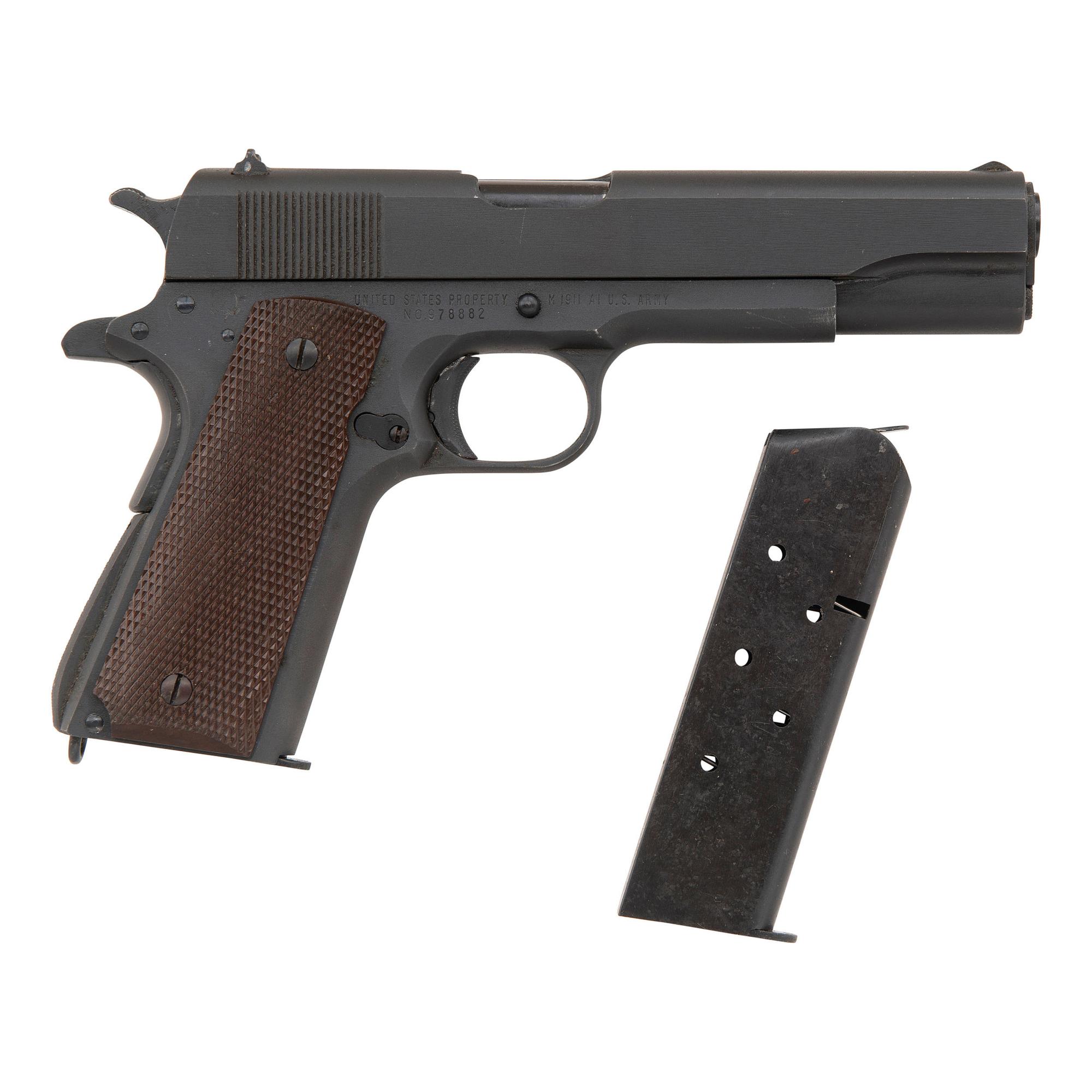 **Mid-1943 Production Remington Rand Model 1911A1 Pistol in Pasteboard Shipping Box with Two Magazines