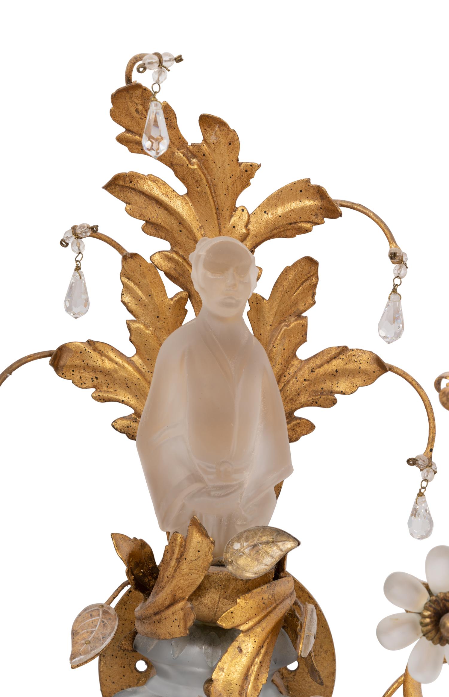 A Pair of Gilt Metal and Frosted Glass Figural Two-Light Sconces in the Style of Maison Baguès