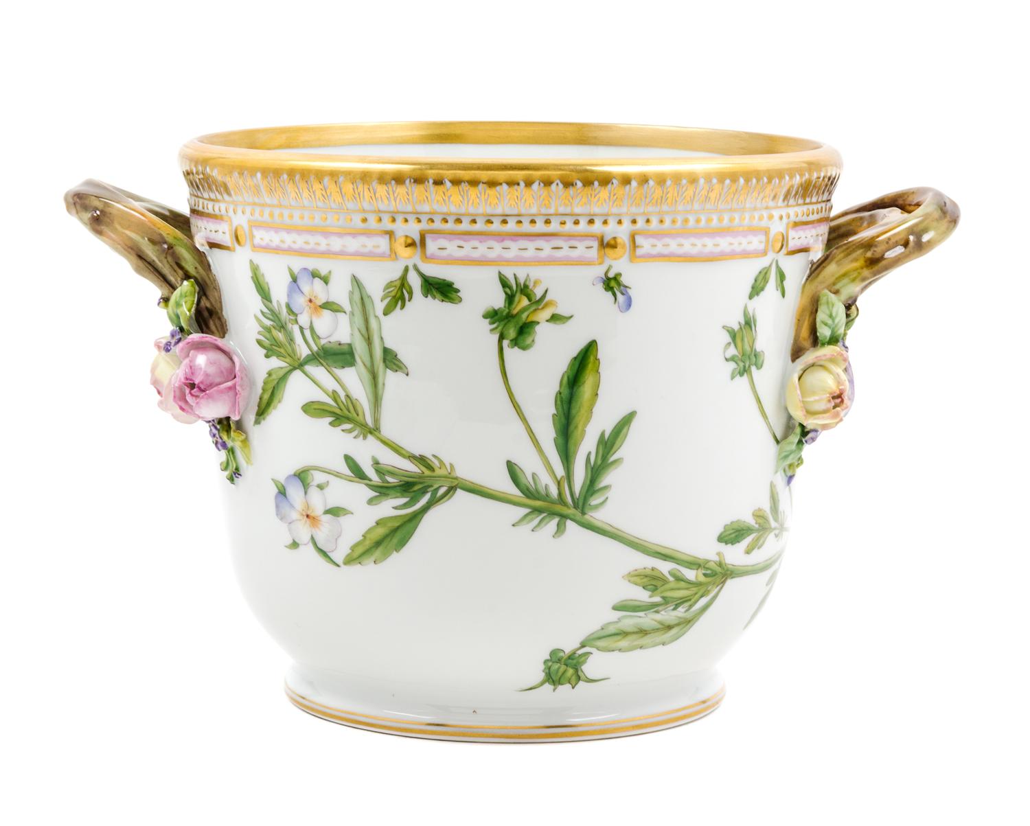 A Royal Copenhagen Flora Danica Cache Pot Height 6 3/8 inches.
