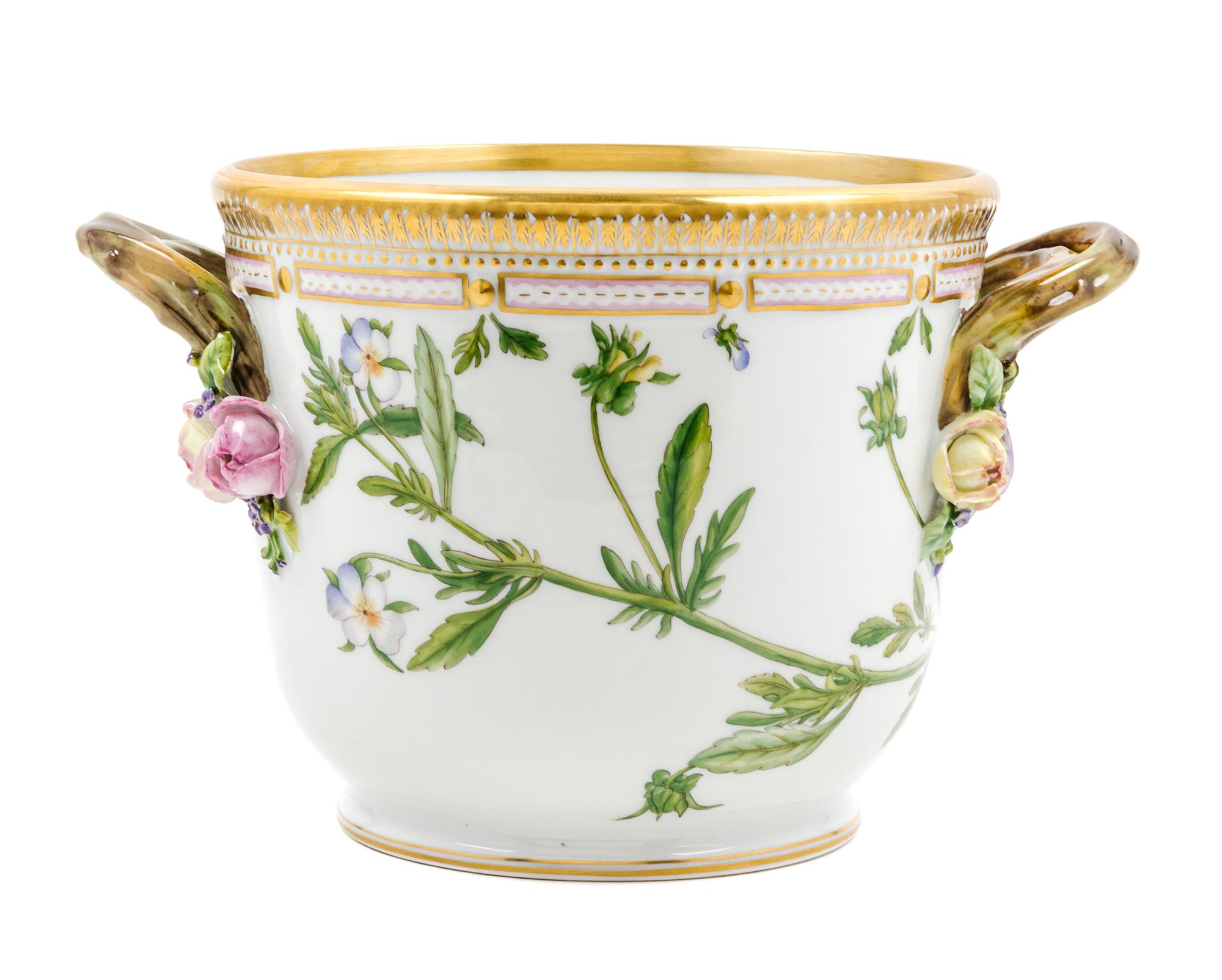 A Royal Copenhagen Flora Danica Cache Pot Height 6 3/8 inches.