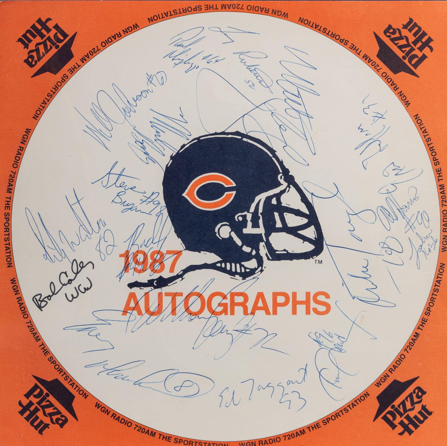 A 1987 Chicago Bears Team Signed Display Including Walter Payton, William Perry and Dan Hampton,
