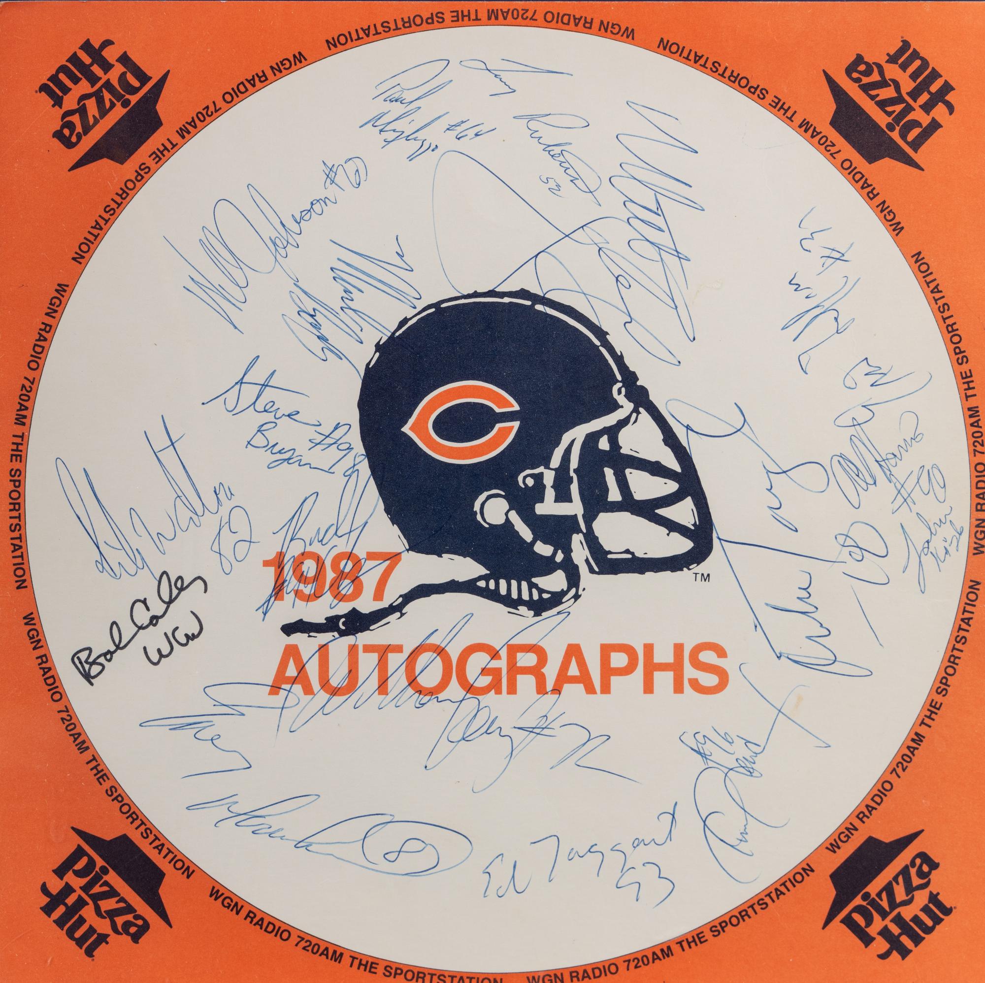 A 1987 Chicago Bears Team Signed Display Including Walter Payton, William Perry and Dan Hampton,
