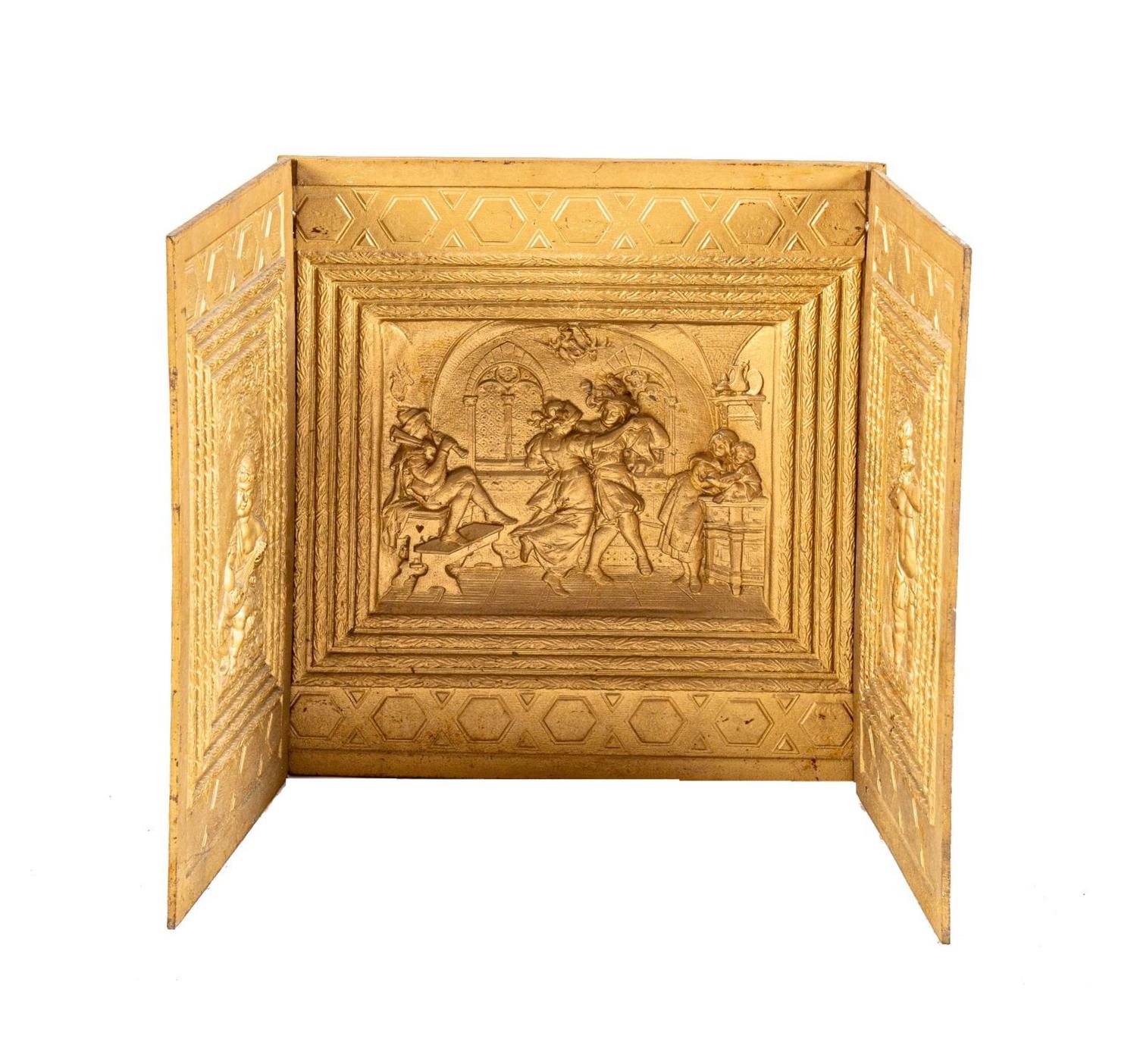 A Three-Panel Gilt Decorated Cast Iron Fireback