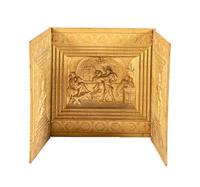 A Three-Panel Gilt Decorated Cast Iron Fireback
